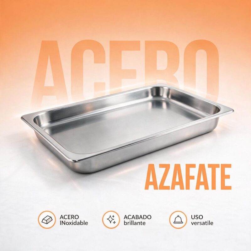 Azafate gastronorm 1/1 Joserrago en acero inoxidable sobre fondo naranja con íconos de acero inoxidable y acabado brillante