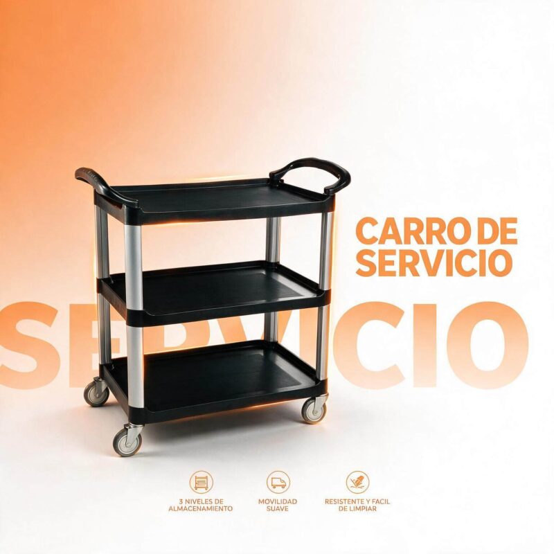 Carro de servicio plástico Joserrago negro de tres niveles con parales de aluminio, asas laterales y cuatro ruedas giratorias