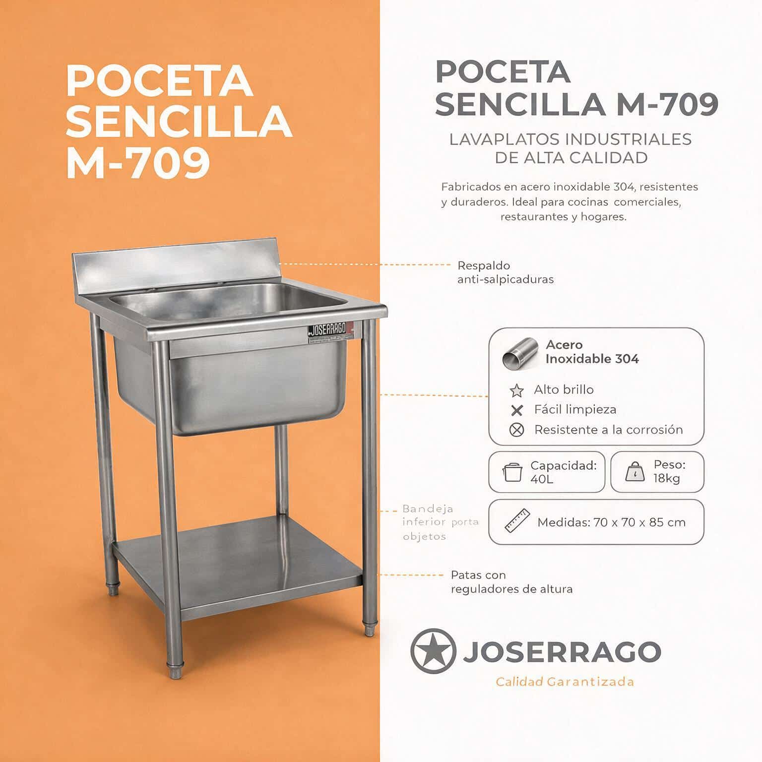 Lavaplatos pequeño 50 cm Joserrago 709XS con poceta en acero inoxidable - Imagen 7