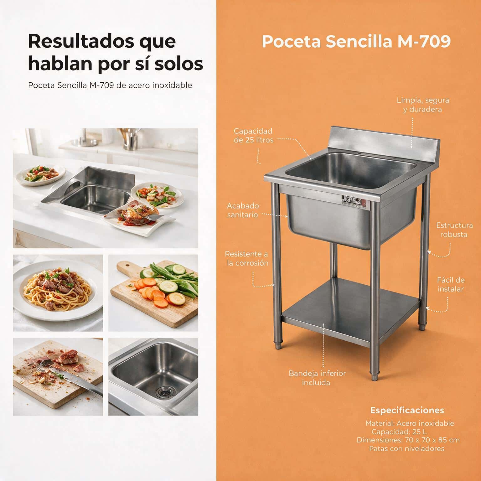 Lavaplatos pequeño 50 cm Joserrago 709XS con poceta en acero inoxidable - Imagen 5