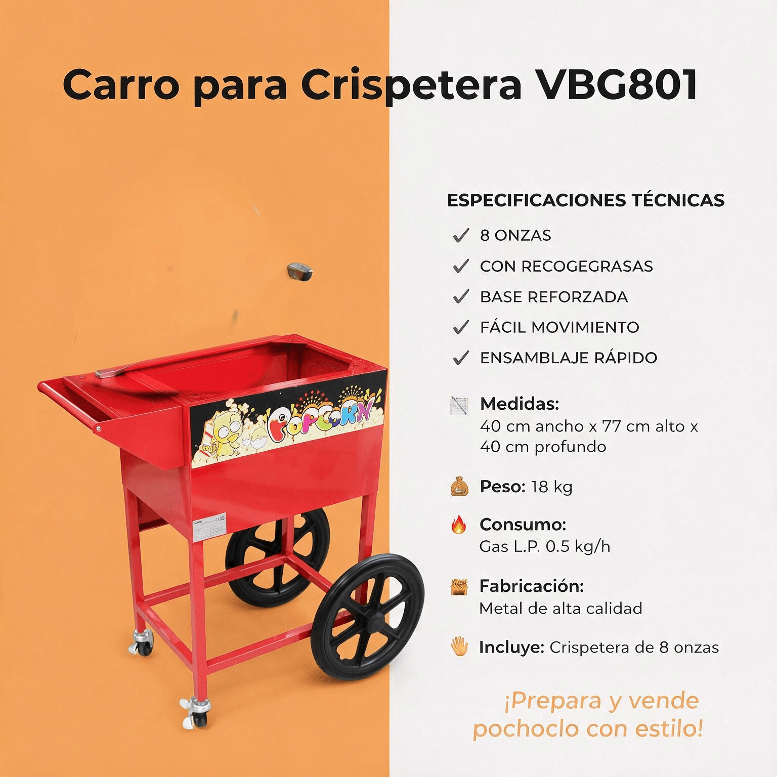 Carro para crispetera VBG801 Joserrago SYB-VC300 lámina pintada - Imagen 3
