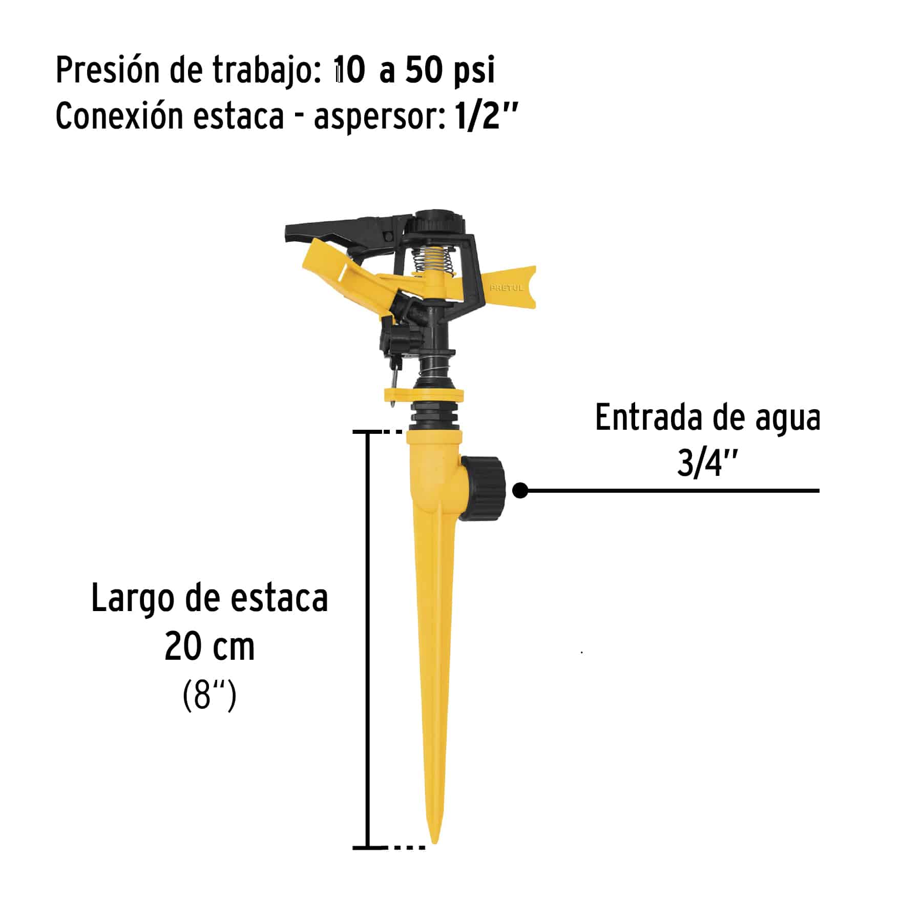 Aspersor plástico de pulsaciones Pretul con medidas: estaca de 20 cm, entrada de agua 3/4 y presión de 10 a 50 psi