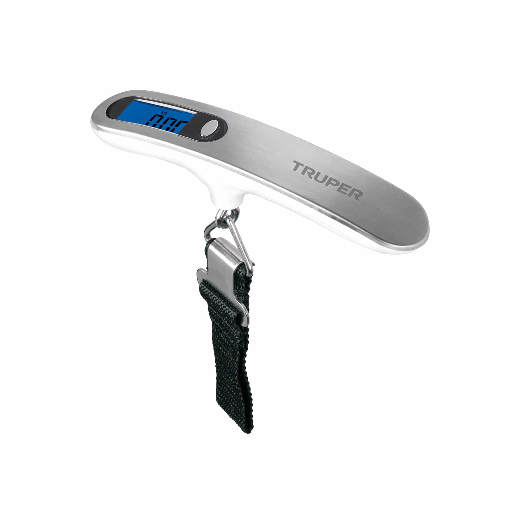 Pesa para maletas Truper digital de acero inoxidable con pantalla LCD azul encendida y correa negra con hebilla metálica