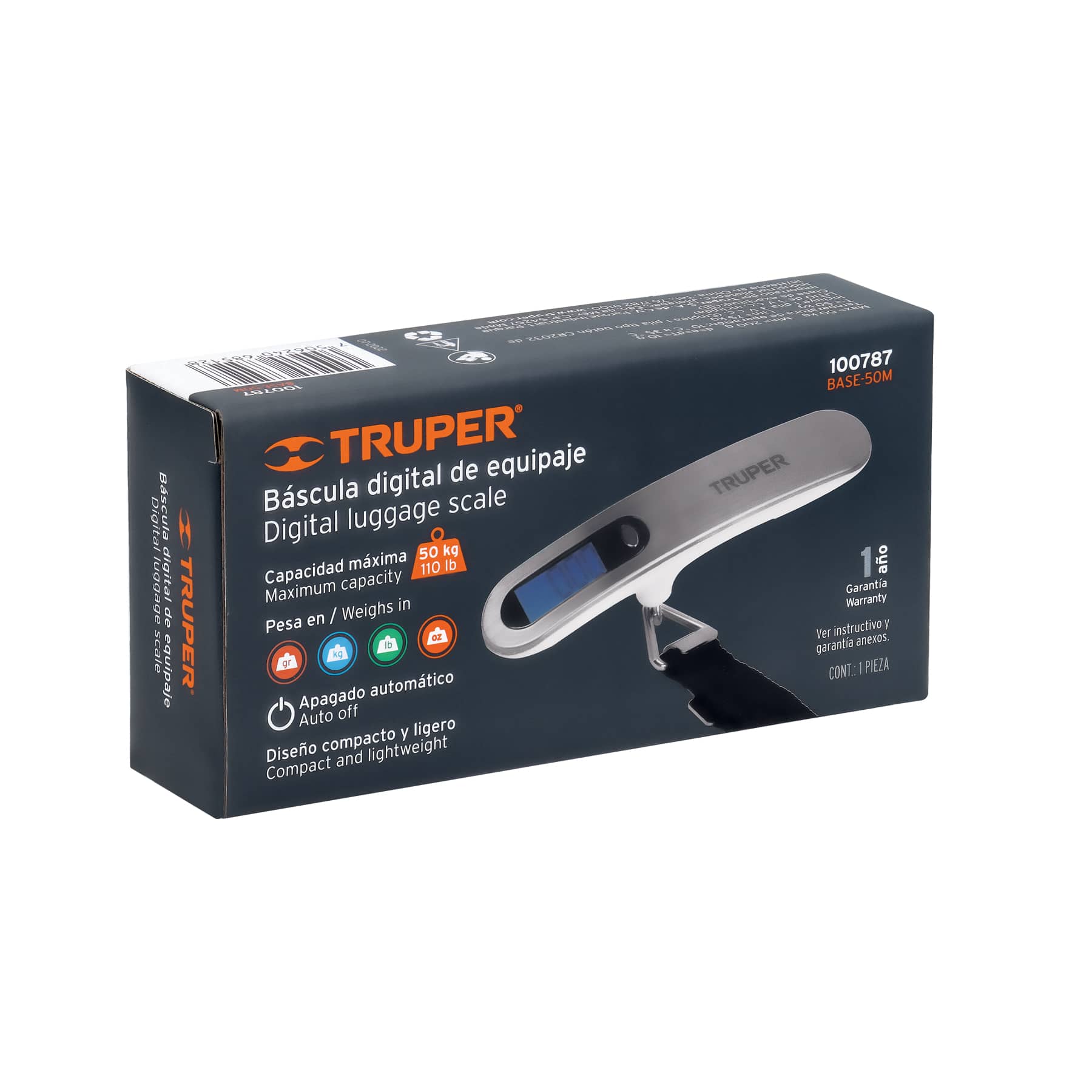Pesa para maletas Truper BASE-50M en su caja original con capacidad de 50 kg, unidades de peso y garantía de 1 año