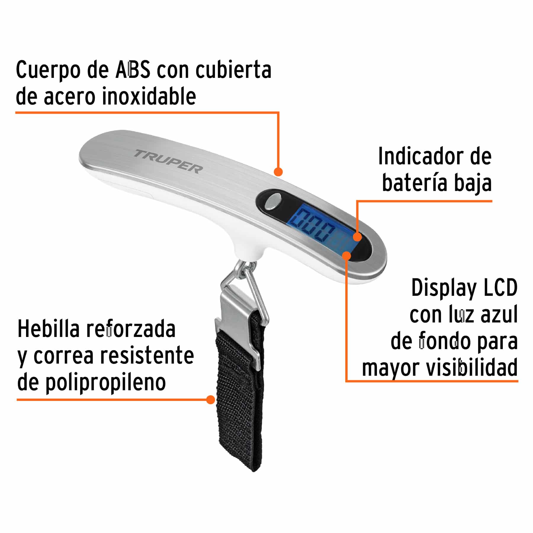 Pesa para maletas Truper con detalle de cuerpo ABS, display LCD azul, indicador de batería baja y correa de polipropileno