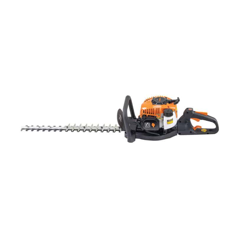 Cortasetos a gasolina Truper COS-26X con motor naranja, mango delantero y cuchilla de doble filo, vista lateral