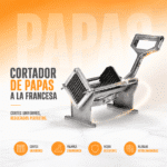 Cortador de papas a la francesa M-CH005 con palanca, rejilla cuadrada y empujador negro sobre mesón de mármol blanco
