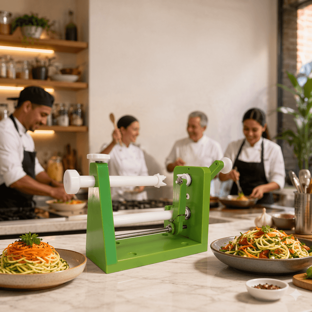 Cortador de mango M-7702 Joserrago en cocina de restaurante con chefs trabajando y platos servidos sobre mármol