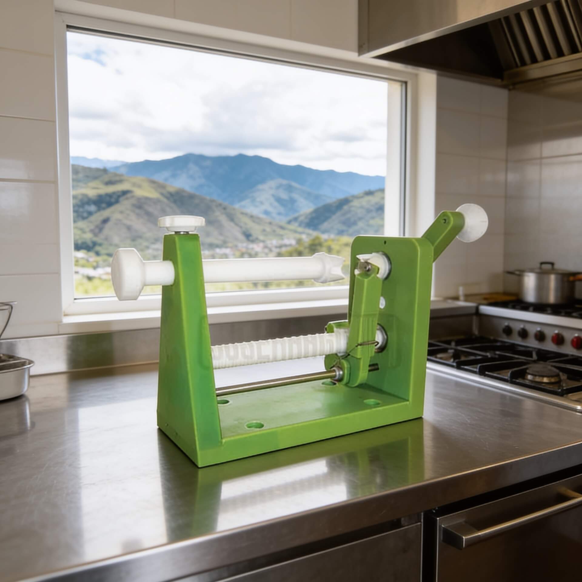 Cortador de mango M-7702 sobre mesón de acero inoxidable en cocina profesional junto a estufa industrial y ventana