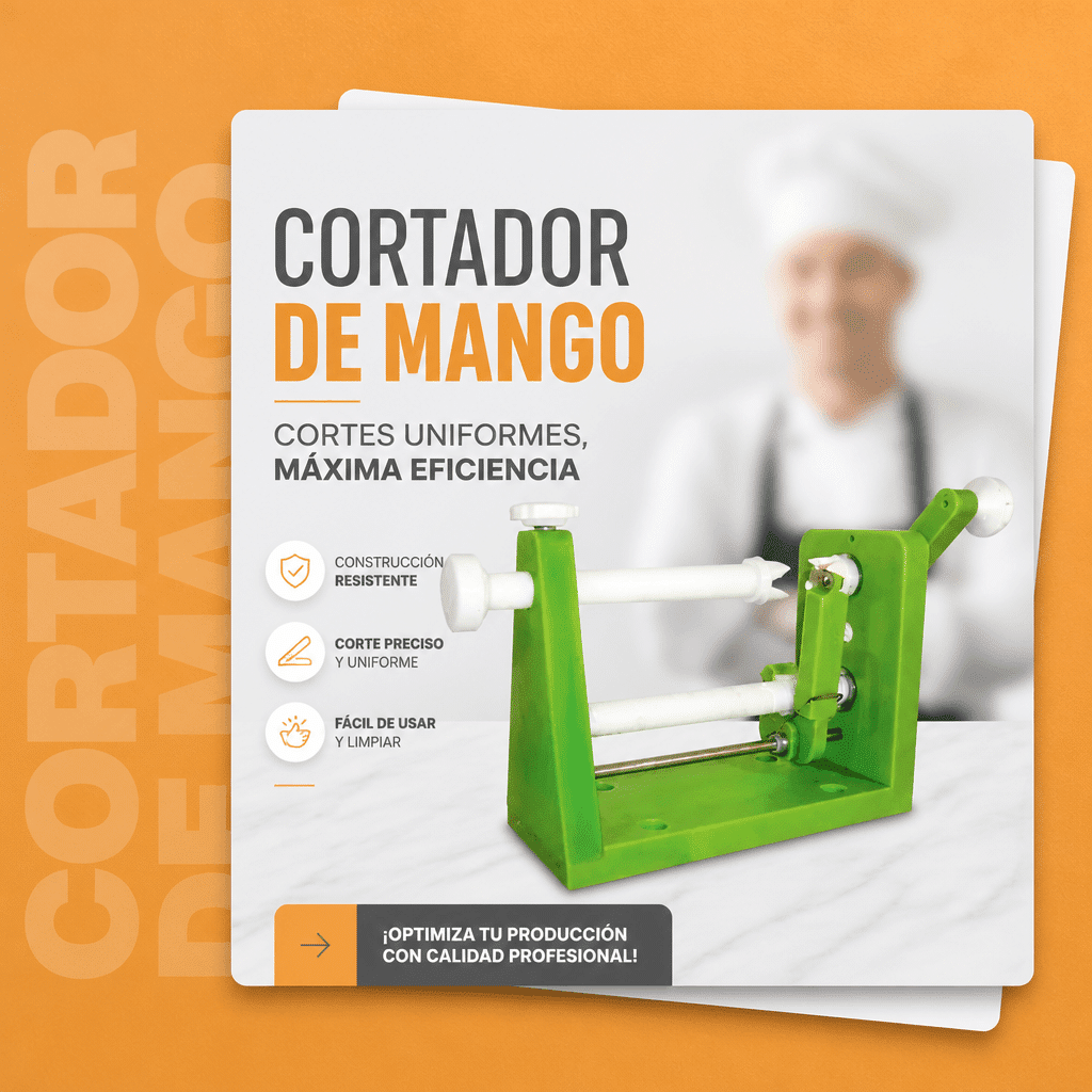 Cortador de mango Joserrago M-7702 en banner naranja con chef de fondo, construcción resistente y fácil de limpiar