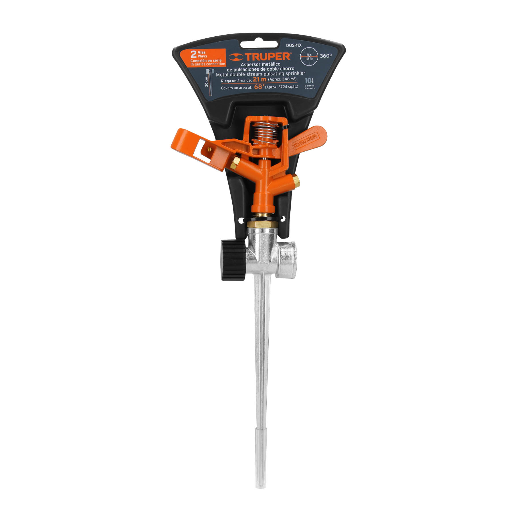 Aspersor metálico de pulsaciones Truper DOS-11X en su empaque con datos de riego de 21 m, 360° y conexión en serie