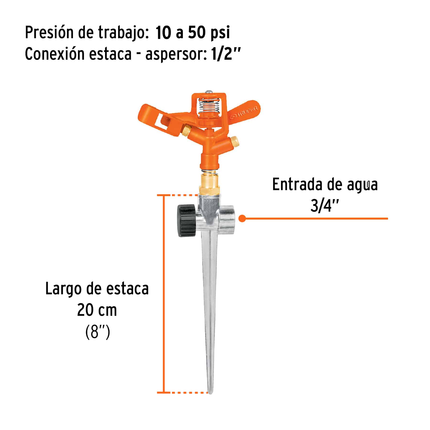 Aspersor metálico de pulsaciones Truper DOS-11X con medidas: estaca de 20 cm, entrada de agua 3/4 y presión 10-50 psi