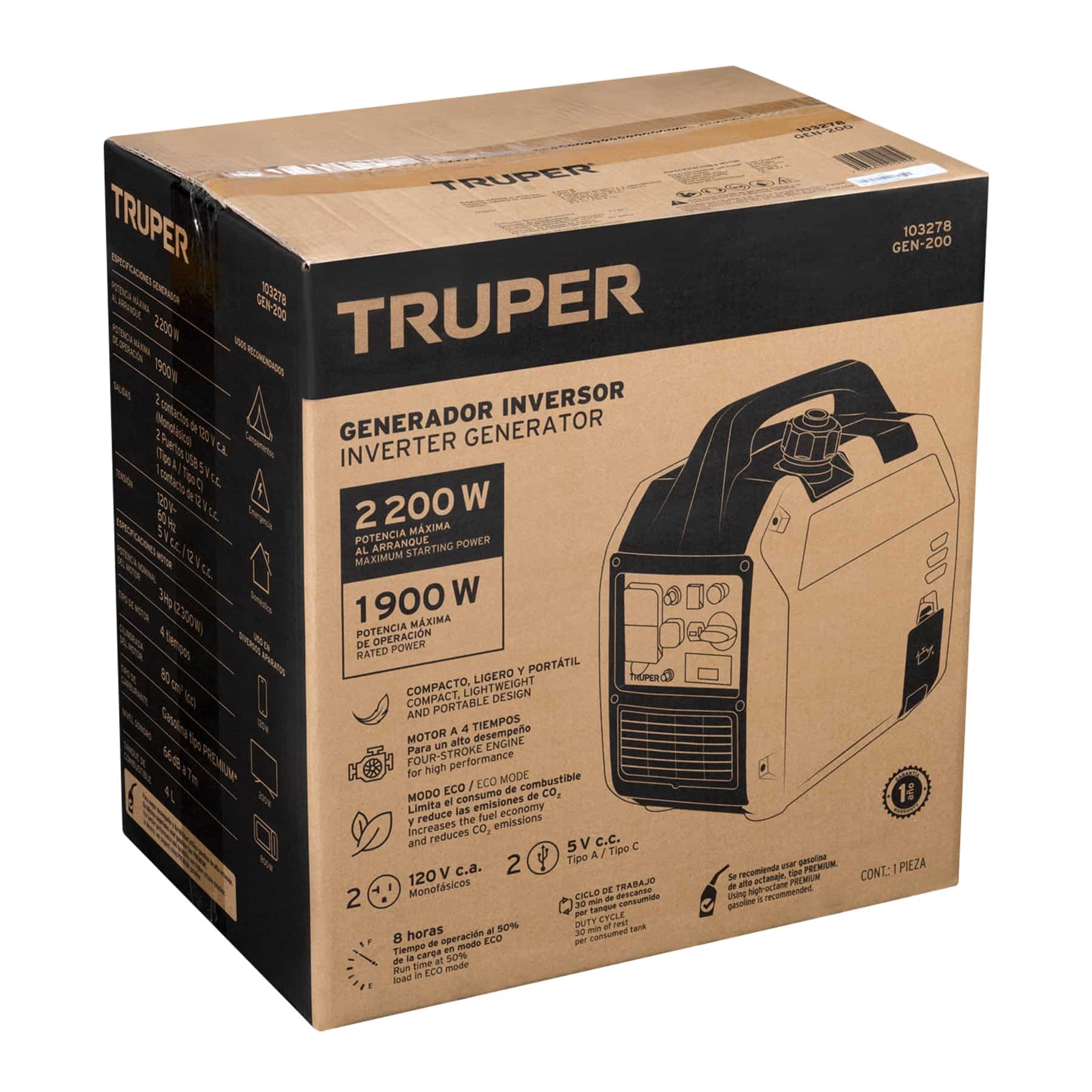 Caja del generador de energía portátil Truper GEN-200 con especificaciones de 2200 W, 1900 W y modo ECO