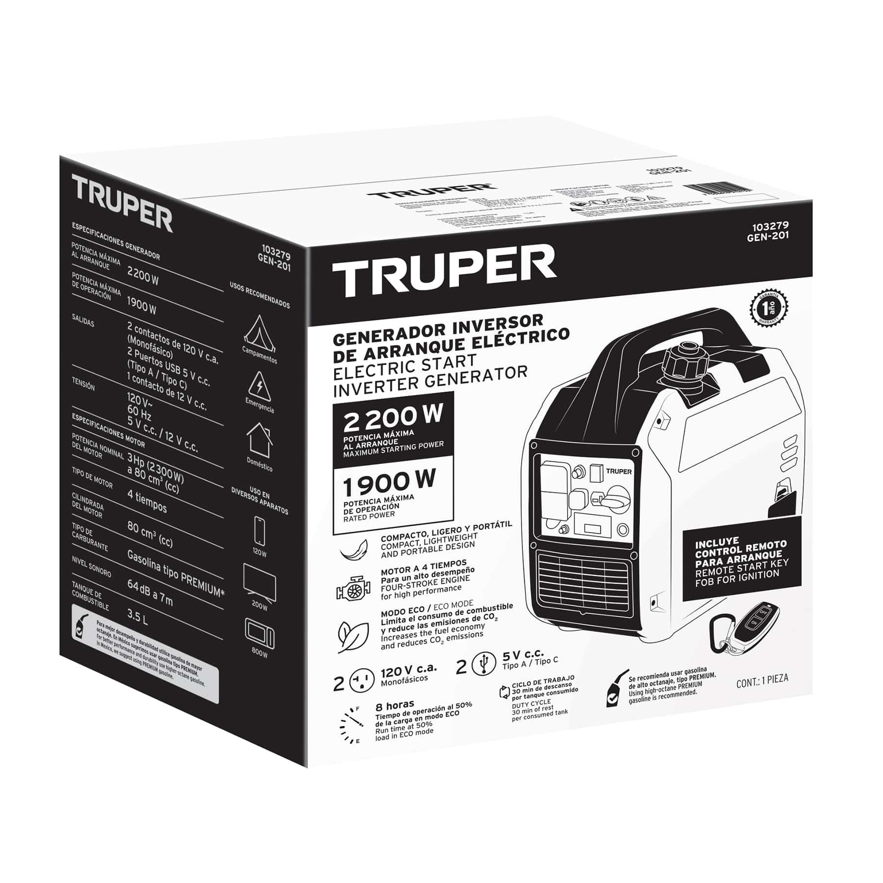Truper GEN-201, Generador silencioso inverter 2200 W 120V/ 60Hz encendido electrónico - Imagen 2