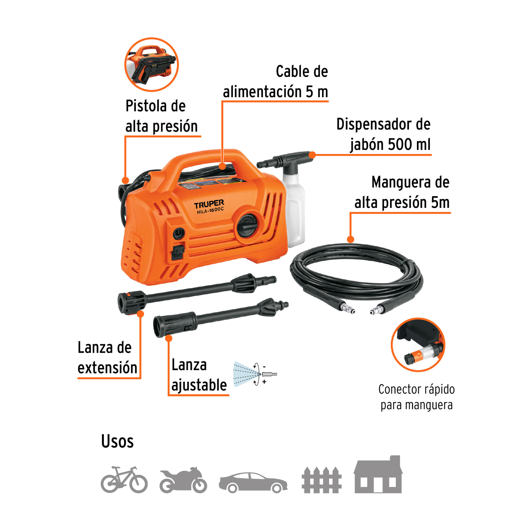 Truper HILA-1600C, Hidrolavadora eléctrica compacta 1.9 HP presión 1600 PSI 127 V