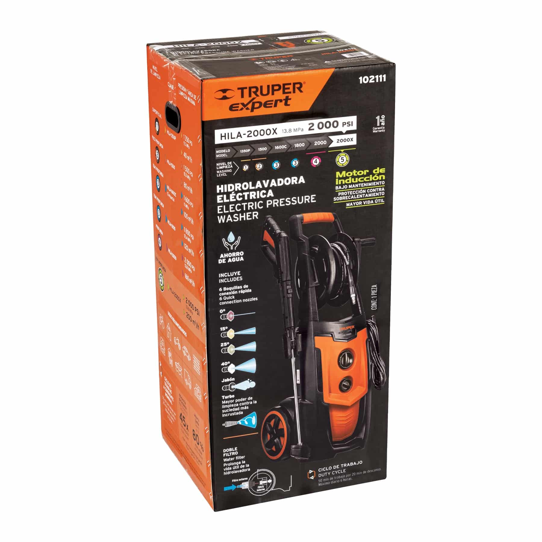 Caja de la hidrolavadora eléctrica 2000 PSI Truper Expert HILA-2000X con motor de inducción y 6 boquillas incluidas