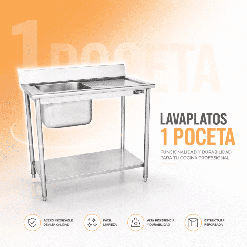 Poceta lavaplatos Joserrago M-705XS en acero inoxidable con salpicadero, entrepaño inferior y patas niveladoras