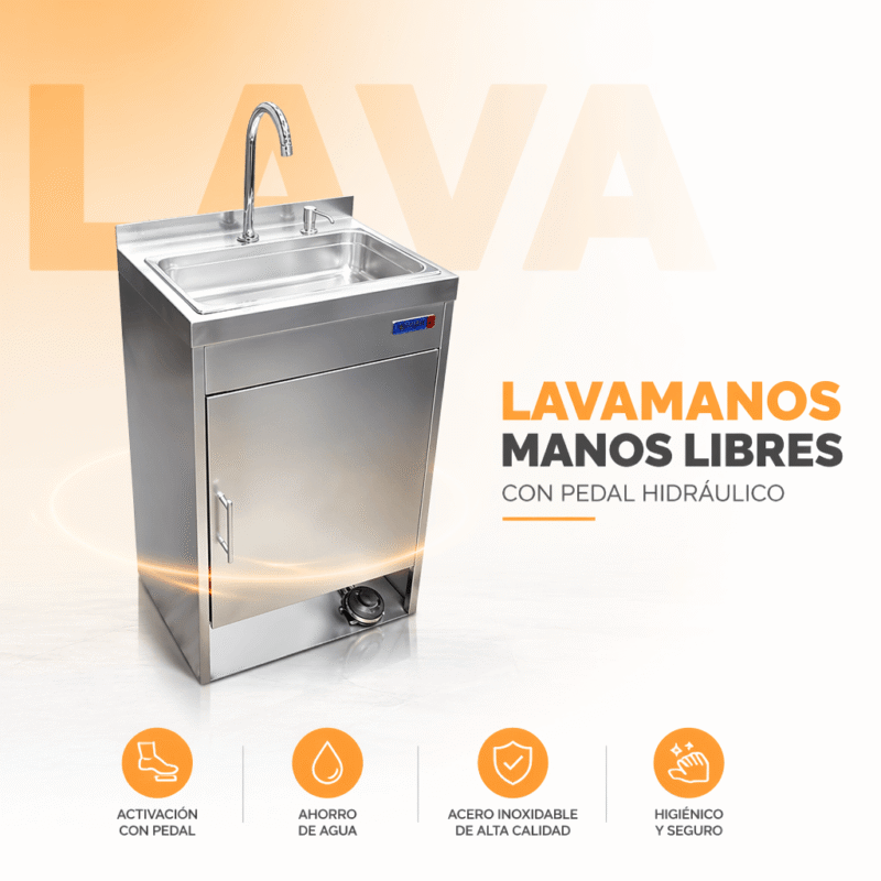 Lavamanos manos libres en acero inoxidable 304 con pedal hidráulico, grifo cuello de cisne y dispensador de jabón