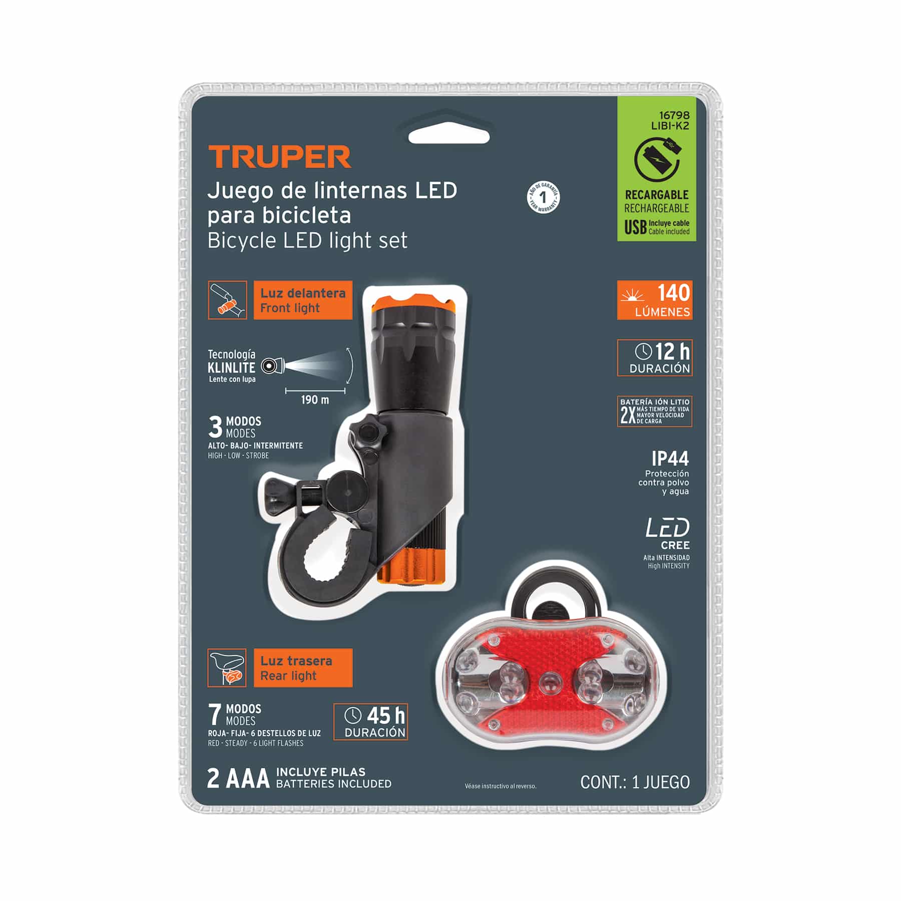 Empaque del juego linterna para bicicleta Truper LIBI-K2 con 140 lúmenes, recarga USB, IP44 y luz trasera de 7 modos