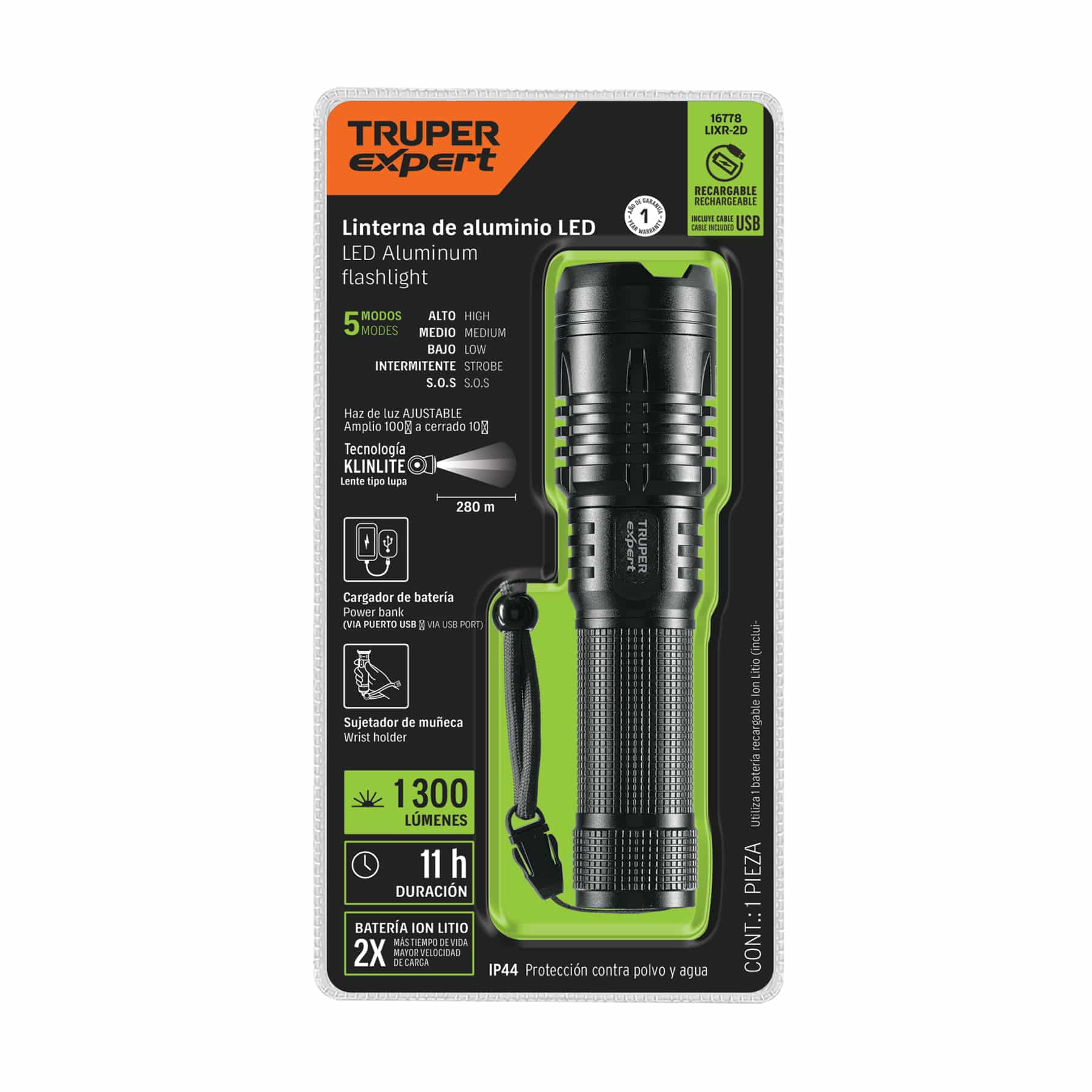 Truper Expert LIXR-2D, Linterna recargable, led cree, 300 lm, con 2 pilas D - Imagen 2