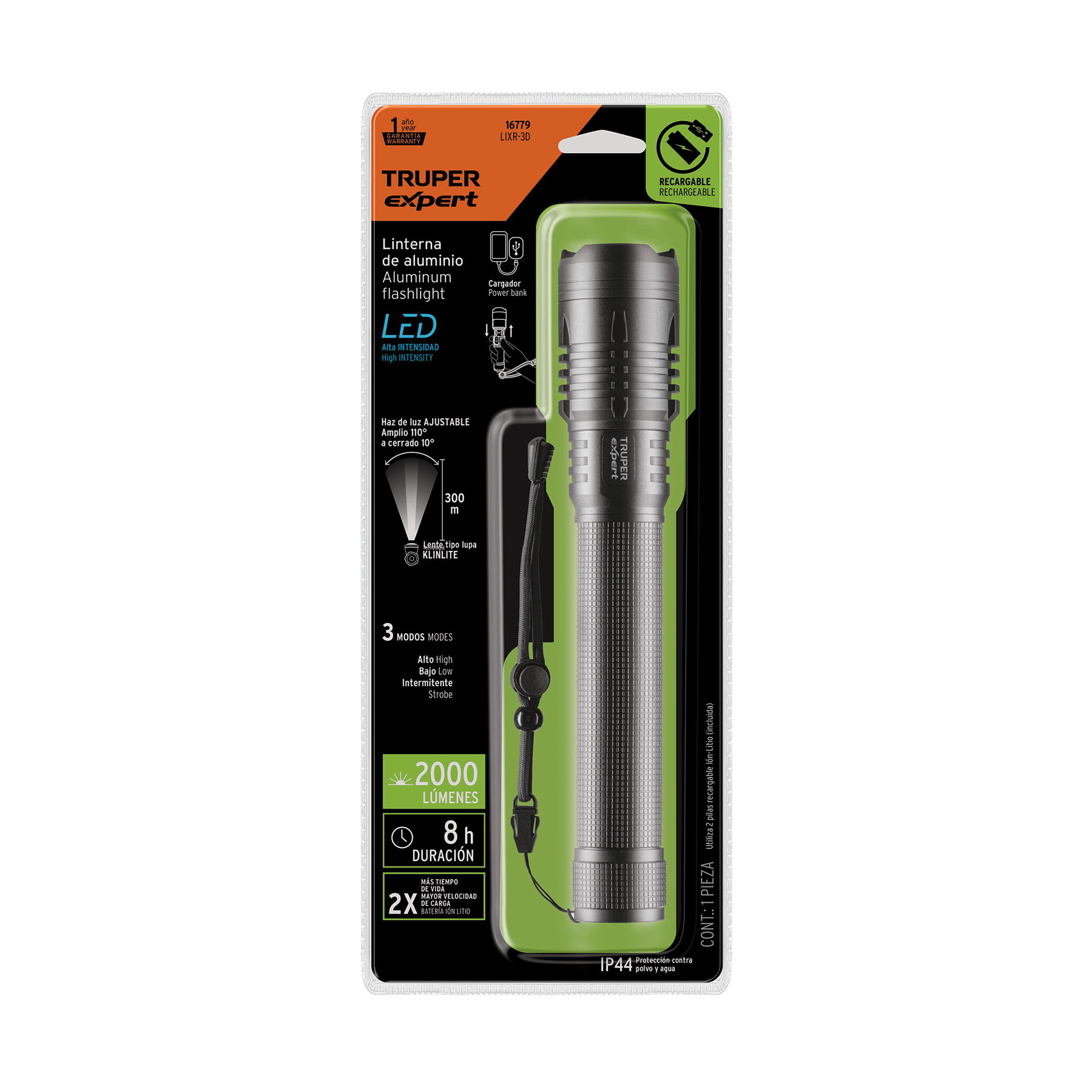 Truper Expert LIXR-3D, Linterna recargable, led cree, 150 lm, con 3 pilas D - Imagen 2