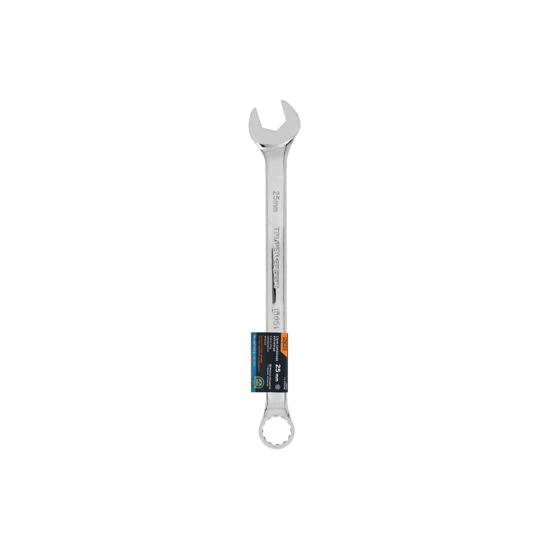 Llave combinada 25 mm Truper Expert extralarga en posición vertical con etiqueta del empaque original, milimétrica