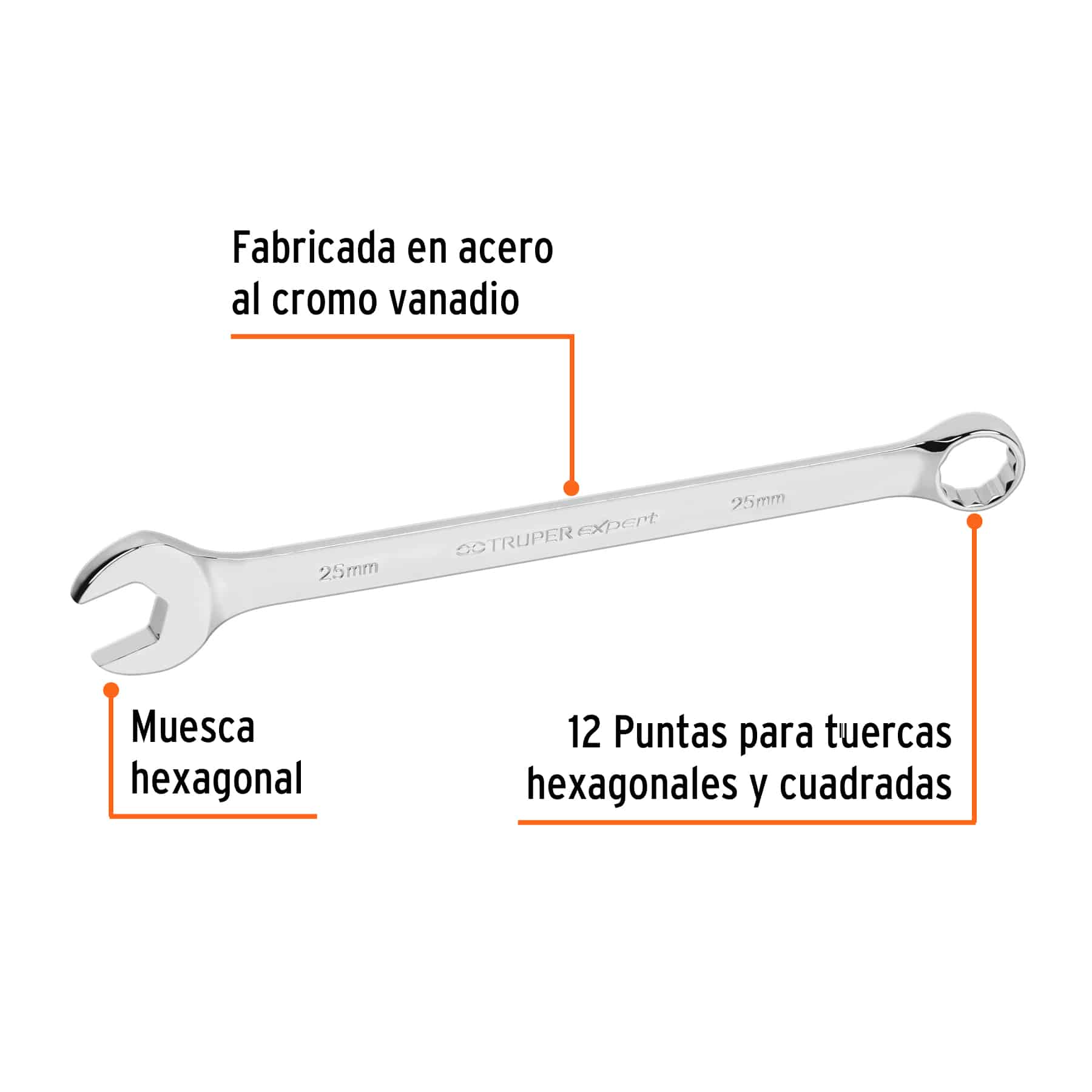 Llave combinada 25 mm Truper Expert con muesca hexagonal, acero al cromo vanadio y 12 puntas para tuercas hexagonales
