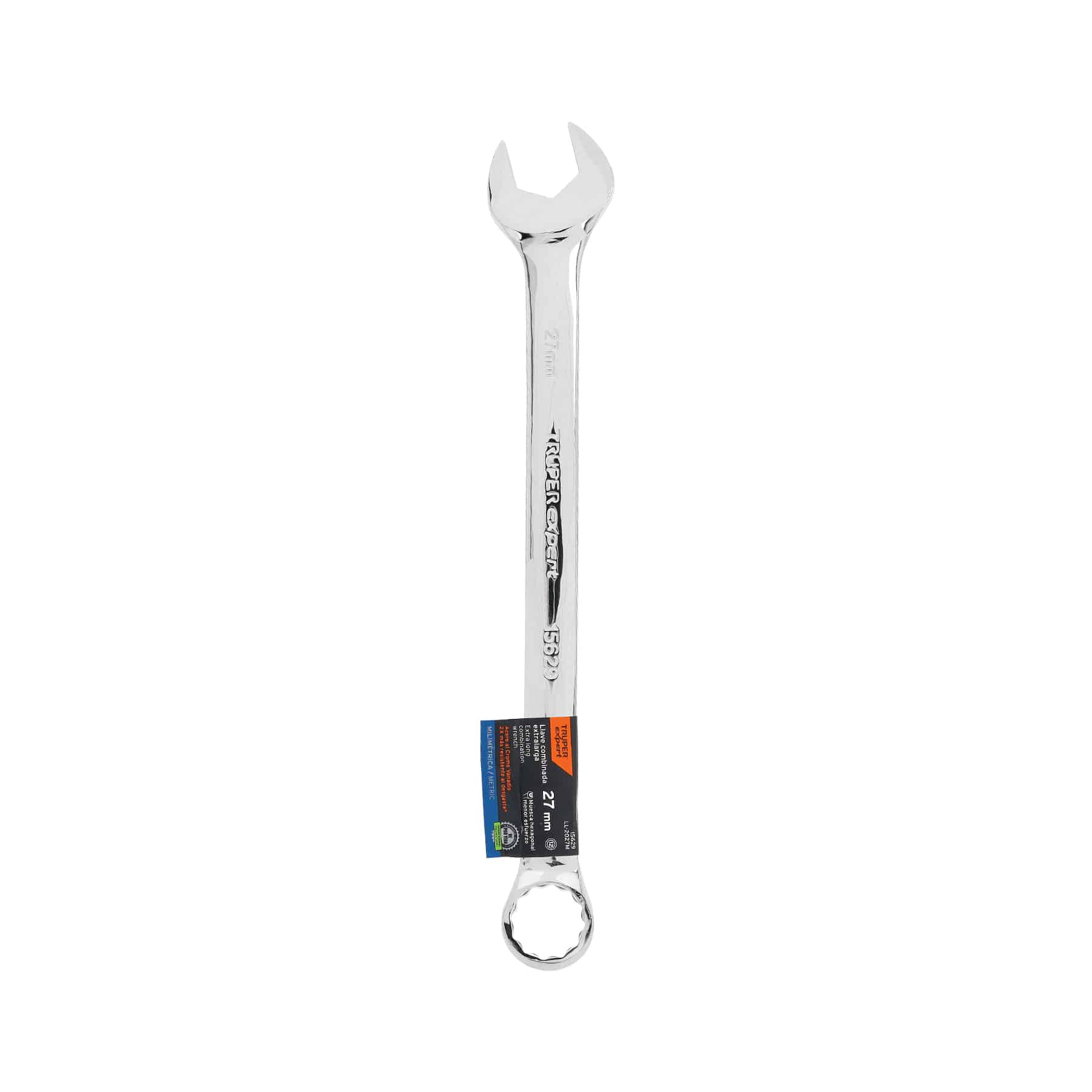 Llave combinada 27 mm Truper Expert LL-2027M en posición vertical con etiqueta original de empaque milimétrica