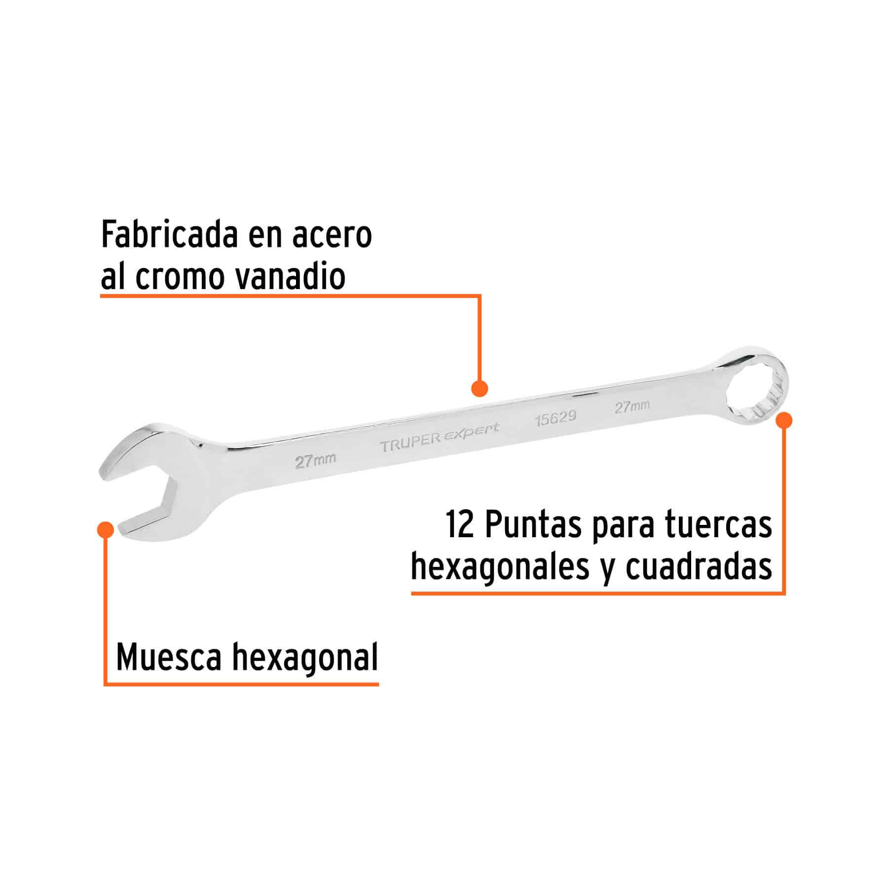 Llave combinada 27 mm Truper Expert con señales de acero cromo vanadio, muesca hexagonal y estría de 12 puntas
