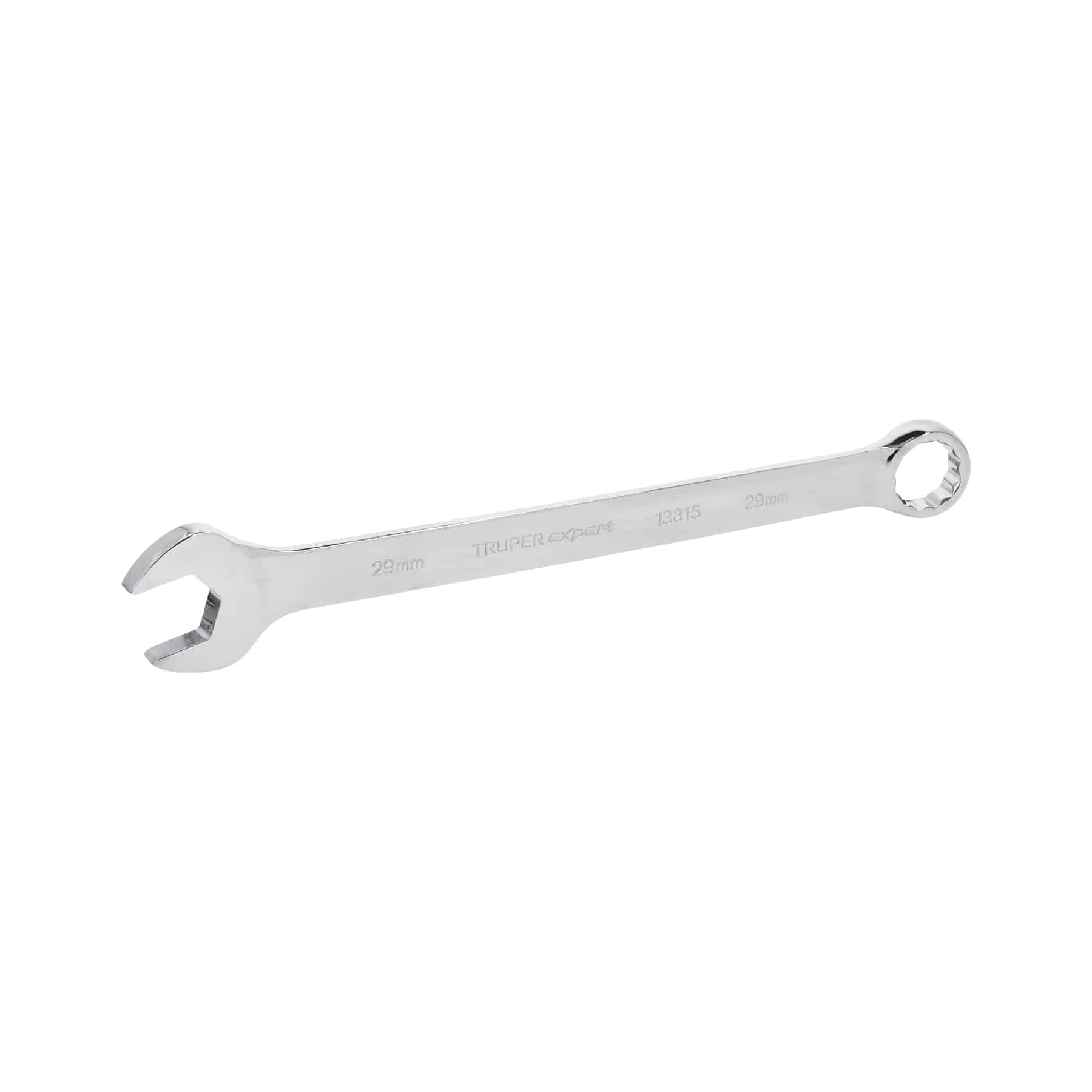 Llave combinada 29 mm Truper Expert extralarga en acero cromo vanadio pulido, vista lateral con boca abierta y anillo