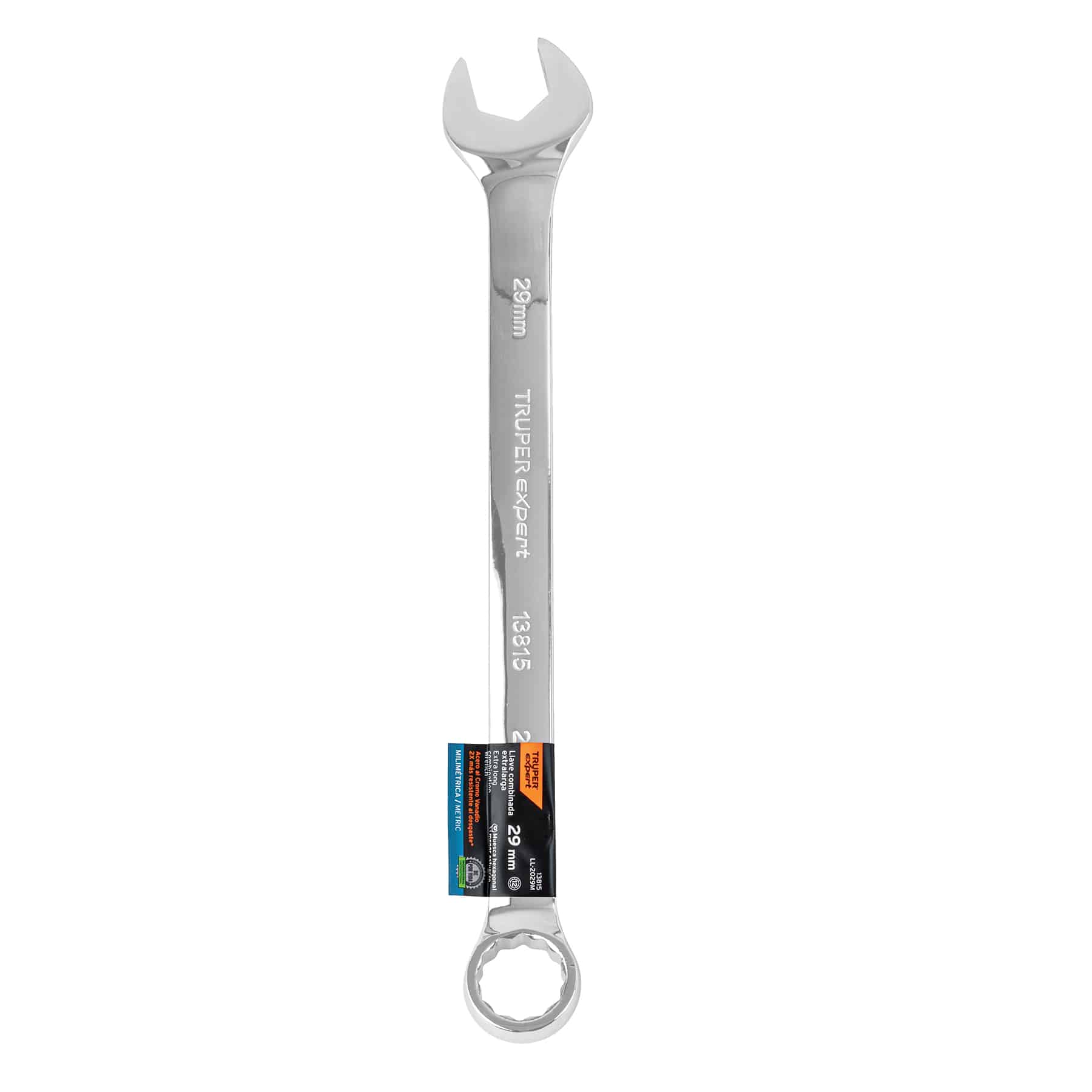 Llave combinada 29 mm Truper Expert LL-2029M en posición vertical con etiqueta de empaque milimétrica y código 13815