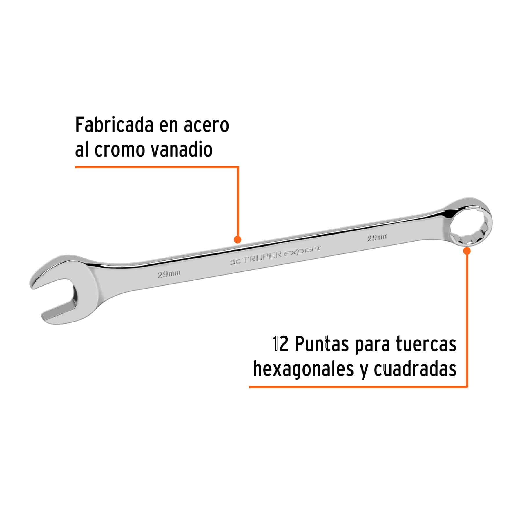 Llave combinada 29 mm Truper Expert con señalización de acero al cromo vanadio y anillo de 12 puntas para tuercas