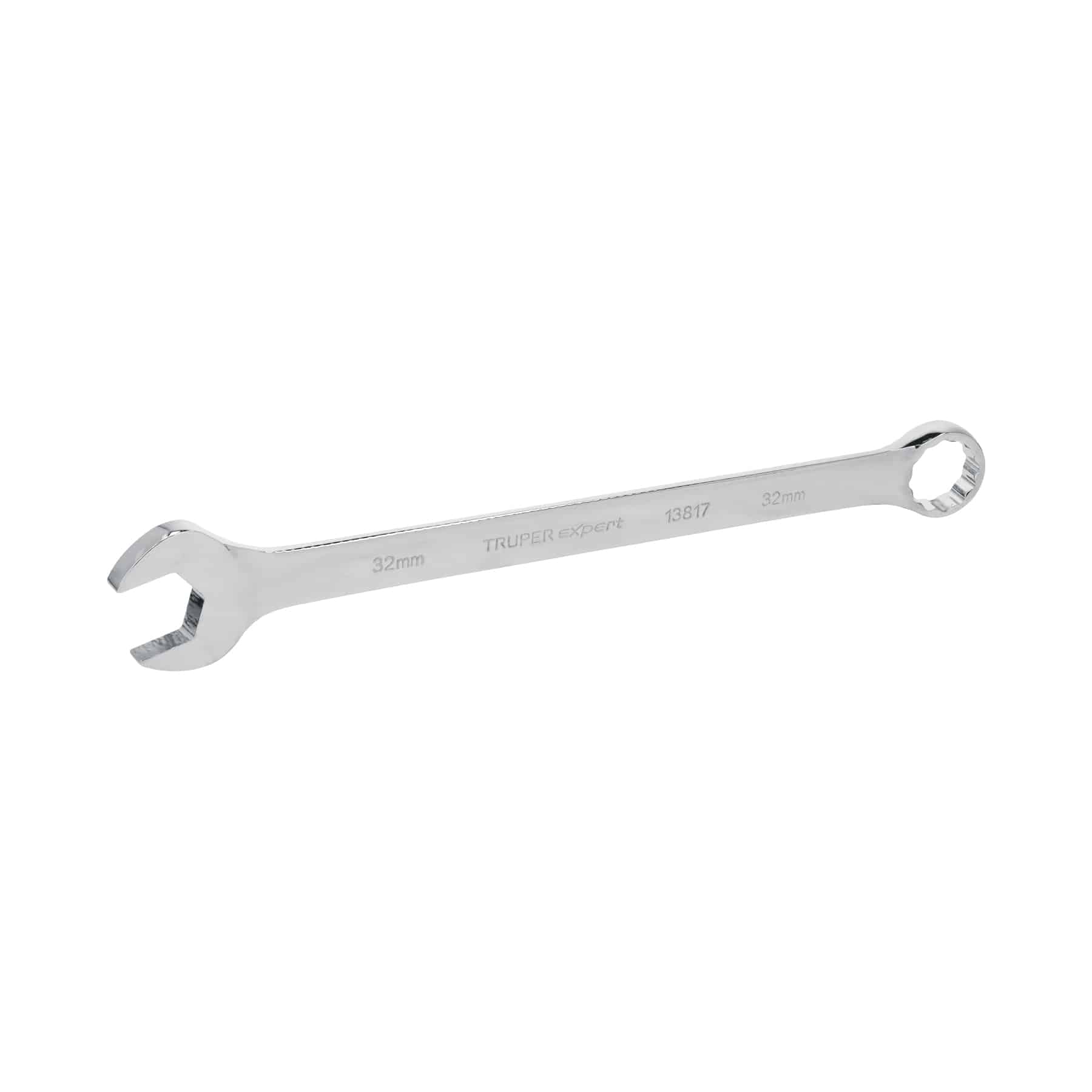 Llave combinada 32 mm Truper Expert 13817 en acero cromo vanadio pulido, con boca abierta y estría de 12 puntas