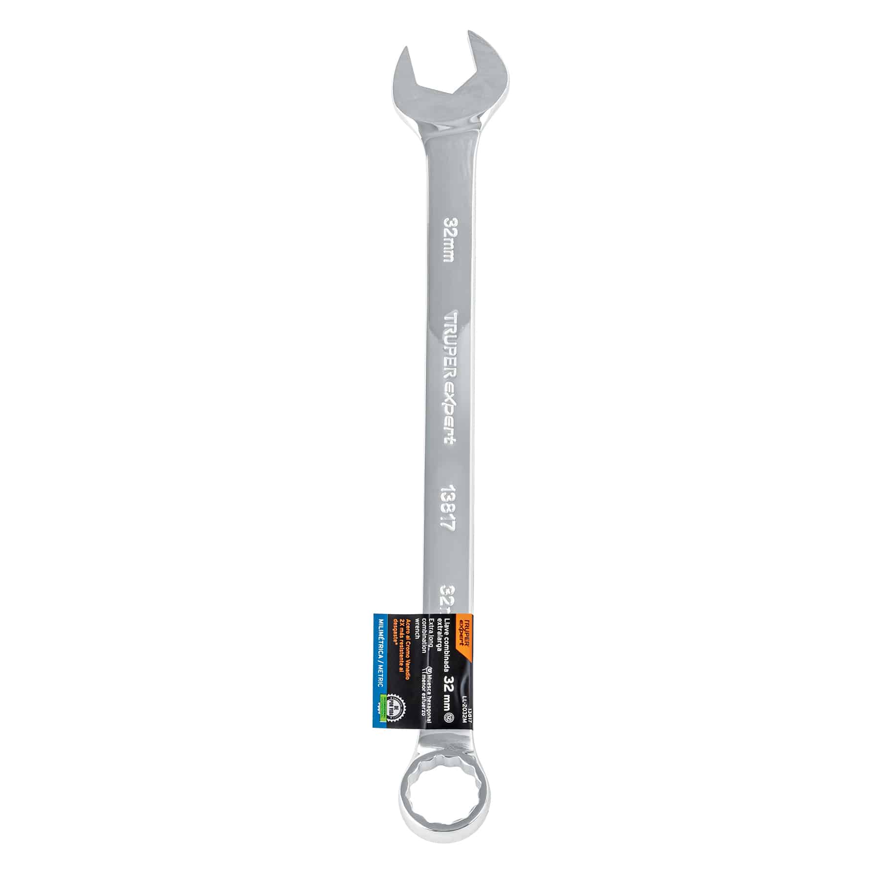 Llave combinada 32 mm Truper Expert extralarga vista vertical con etiqueta milimétrica y grabado del modelo 13817