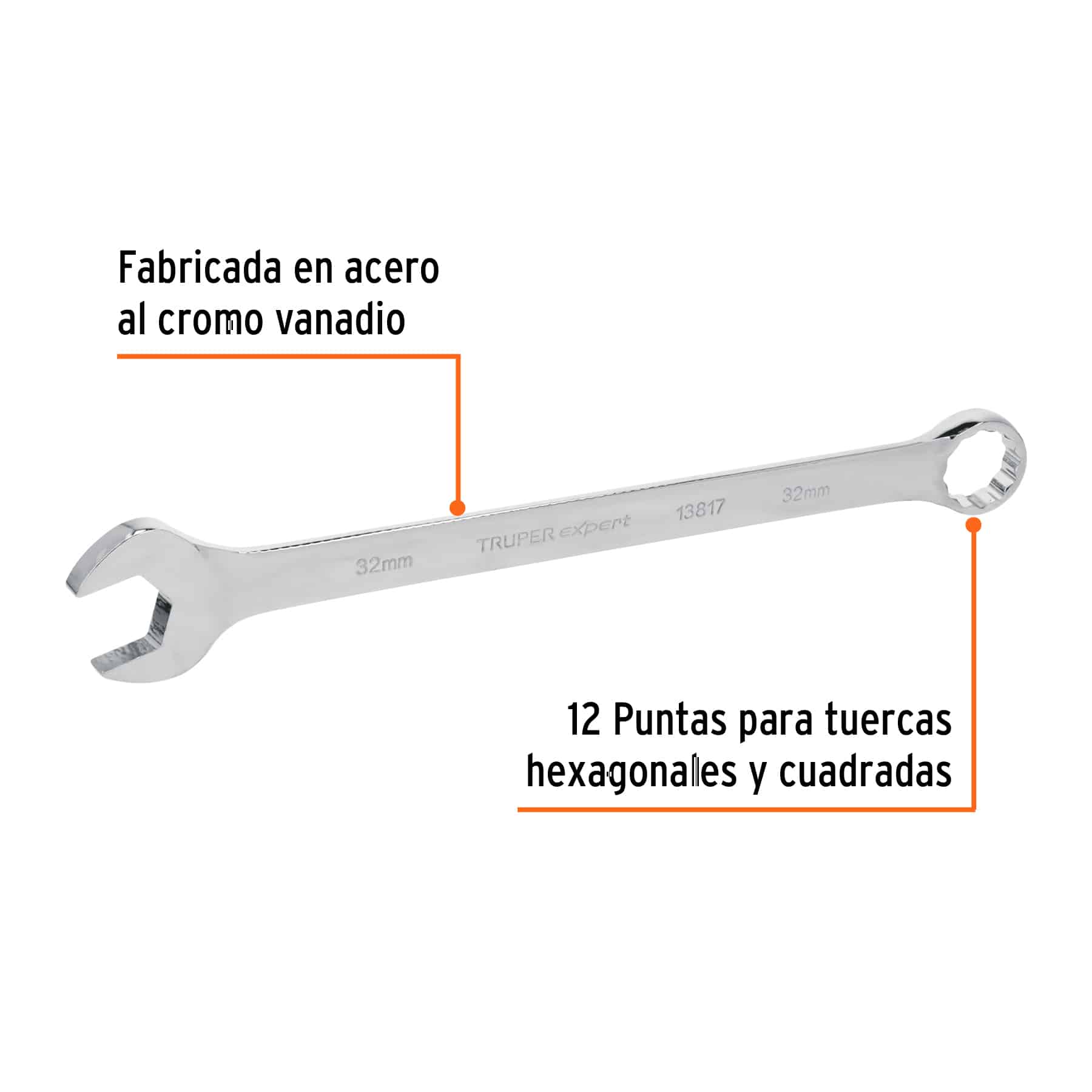 Llave combinada 32 mm Truper Expert con señalización de acero al cromo vanadio y estría de 12 puntas para tuercas