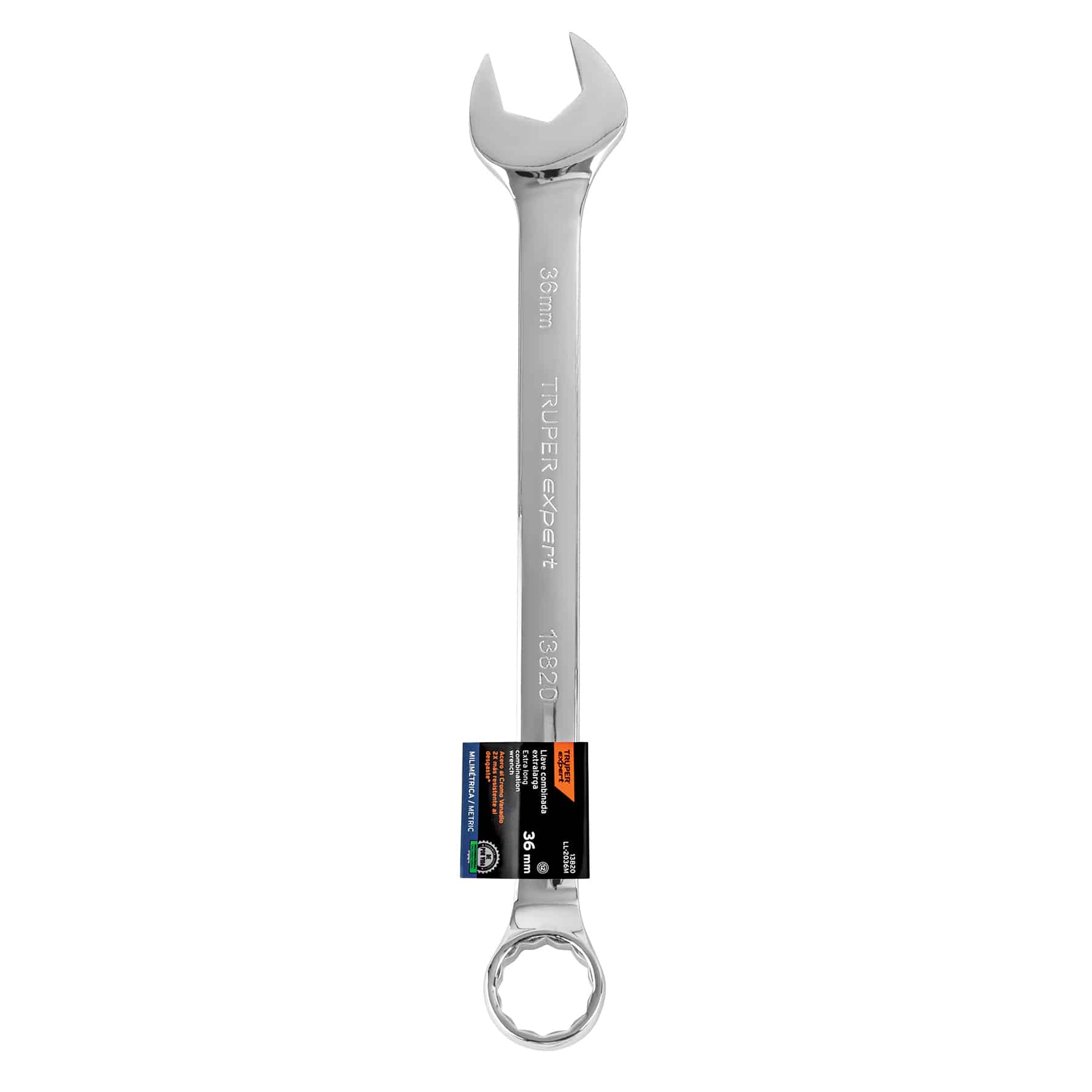 Llave combinada extralarga Truper Expert en vertical con etiqueta del empaque original y acabado pulido espejo