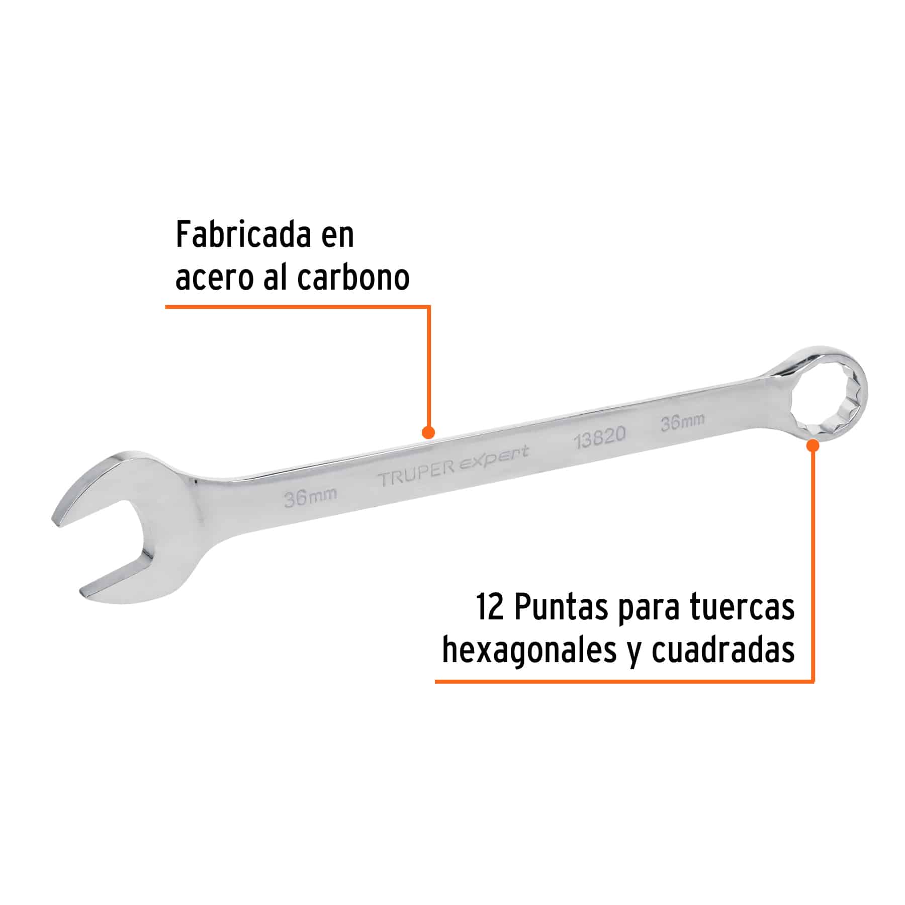 Llave combinada extralarga Truper Expert con detalle de la boca estriada de 12 puntas para tuercas hexagonales