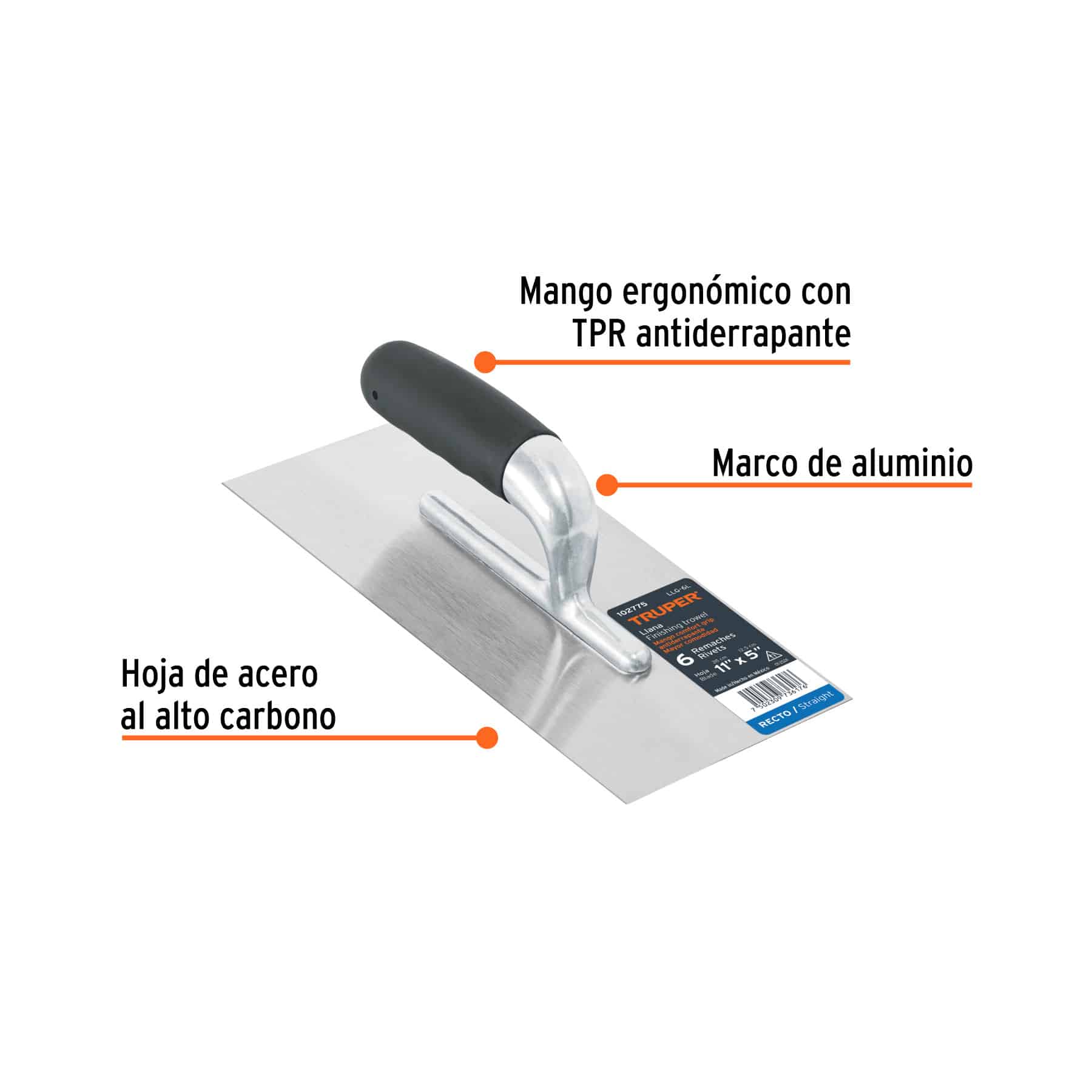 Llana lisa Truper con hoja de acero al alto carbono, marco de aluminio y mango ergonómico antiderrapante señalados