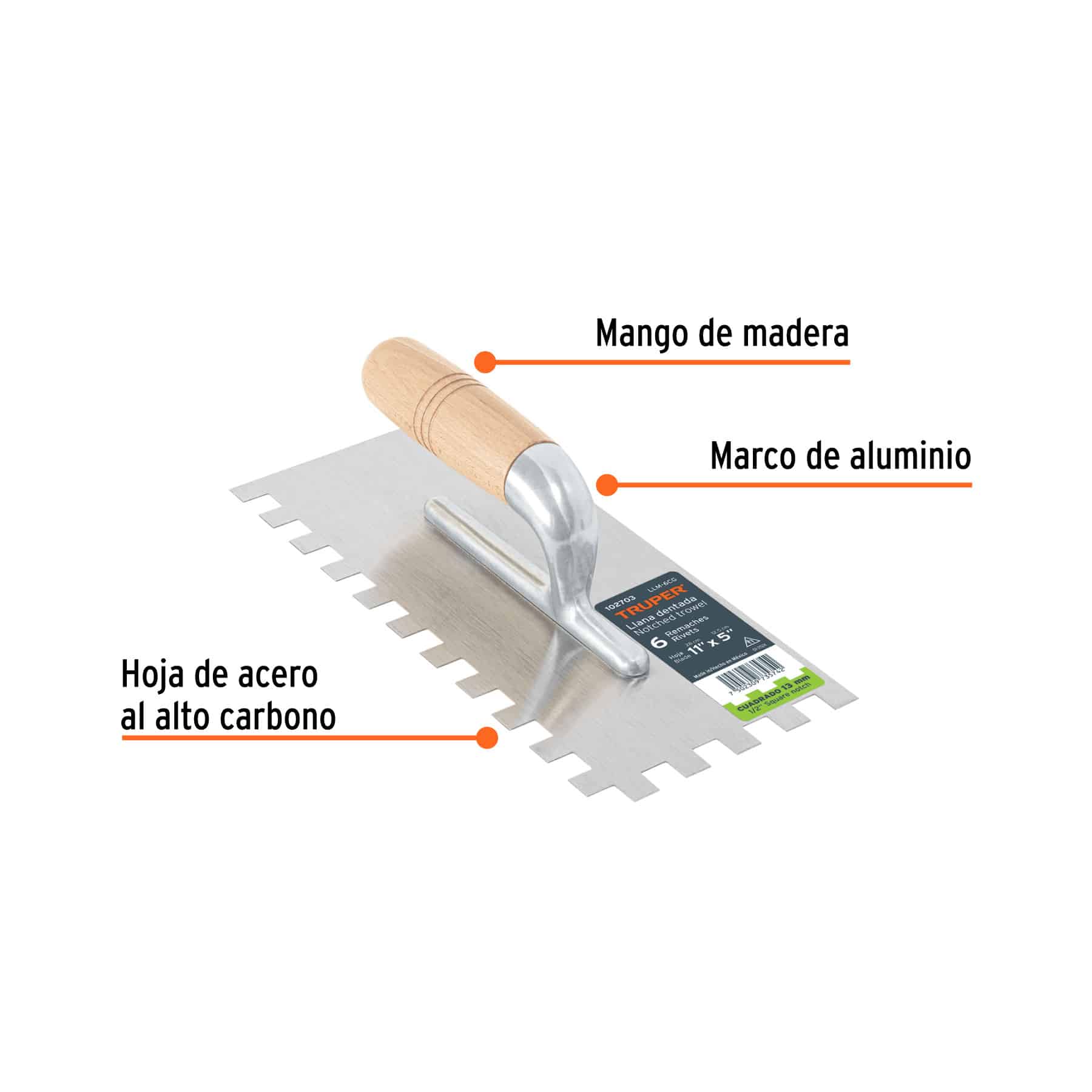 Truper LLM-6C, Llana, mango madera, canto dentado cuadrado, 6 remaches, 11" - Imagen 2