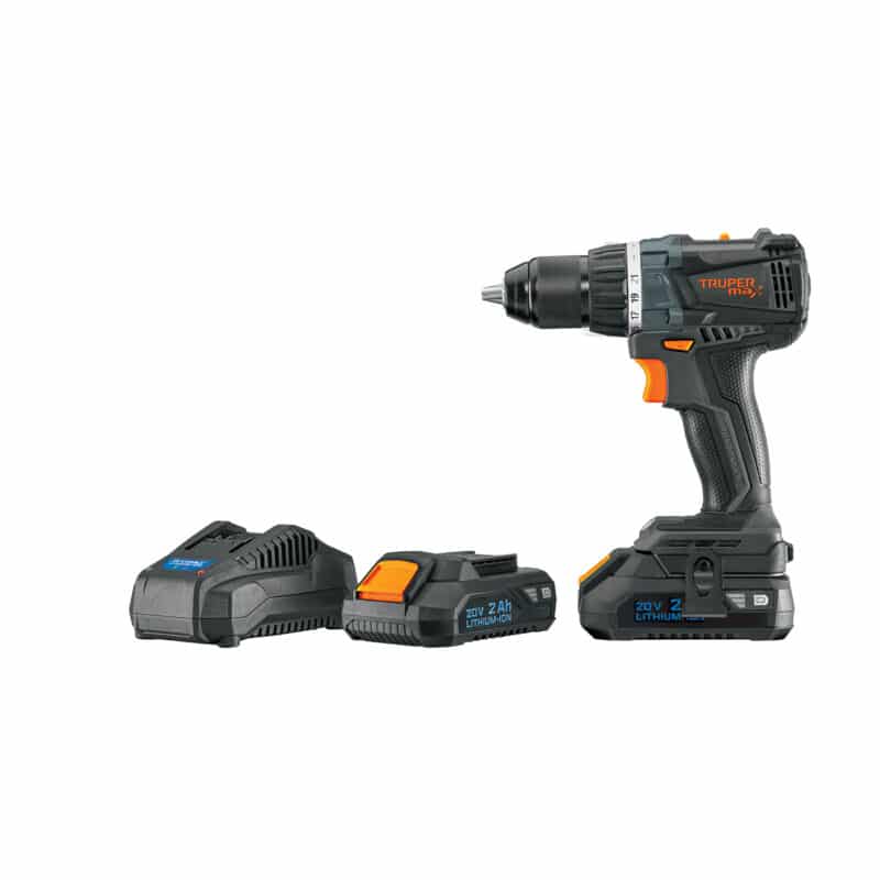 Truper Max MAX-20T, Taladro inalámbrico 1/2", motor libre de carbones (brushless), con 2 baterías Ion Litio 2 Ah y maleta de 14", 20 V