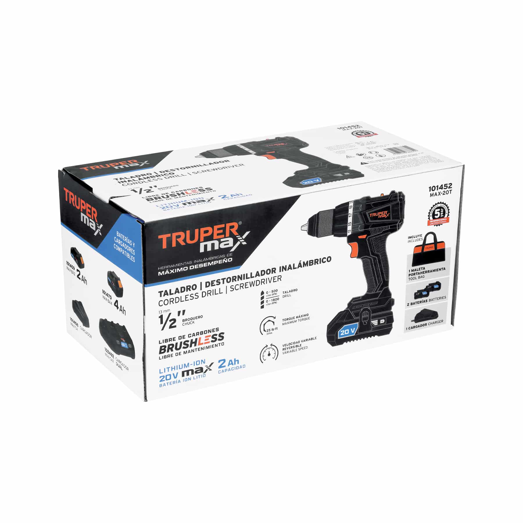 Truper Max MAX-20T, Taladro inalámbrico 1/2", motor libre de carbones (brushless), con 2 baterías Ion Litio 2 Ah y maleta de 14", 20 V - Imagen 2