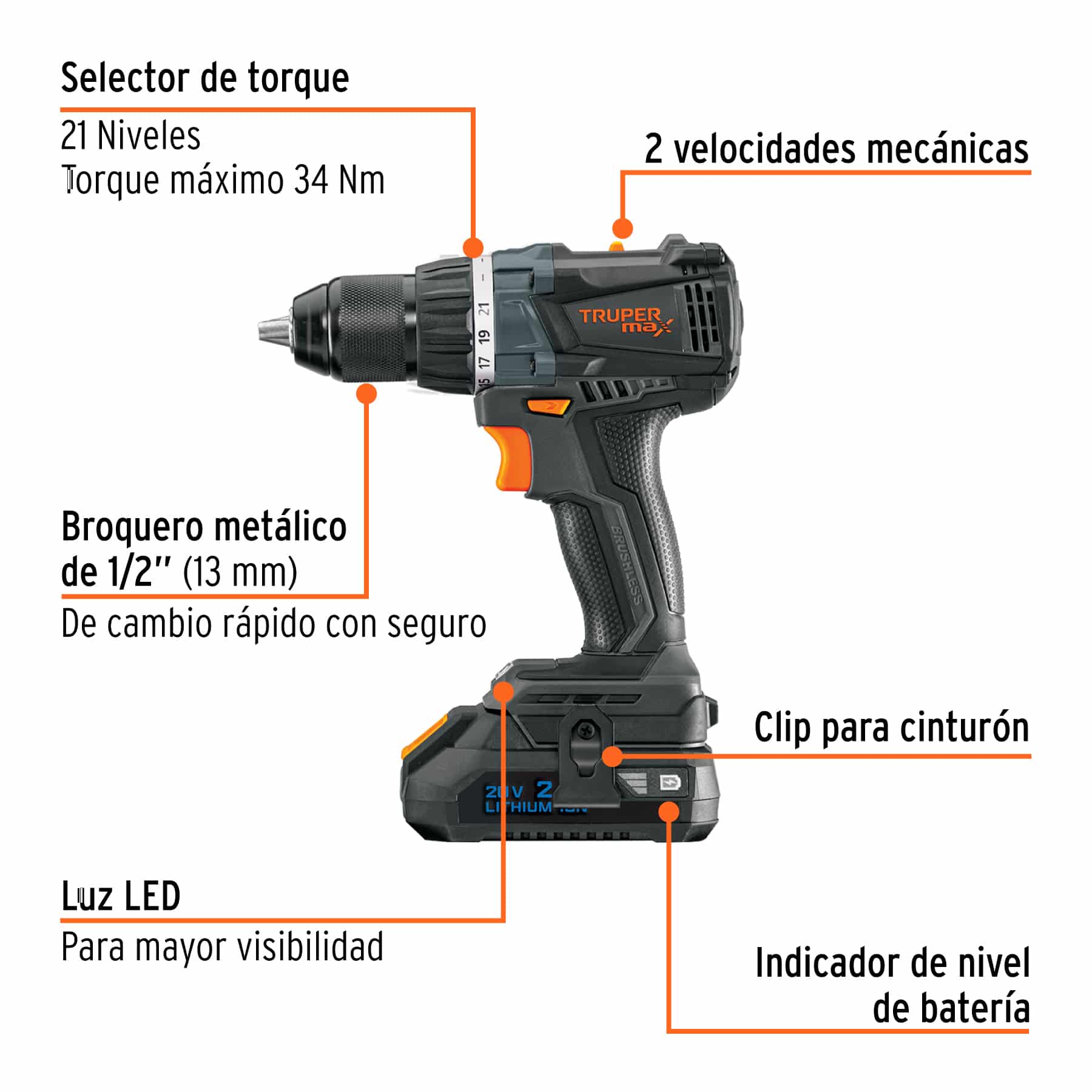 Truper Max MAX-20T, Taladro inalámbrico 1/2", motor libre de carbones (brushless), con 2 baterías Ion Litio 2 Ah y maleta de 14", 20 V - Imagen 3