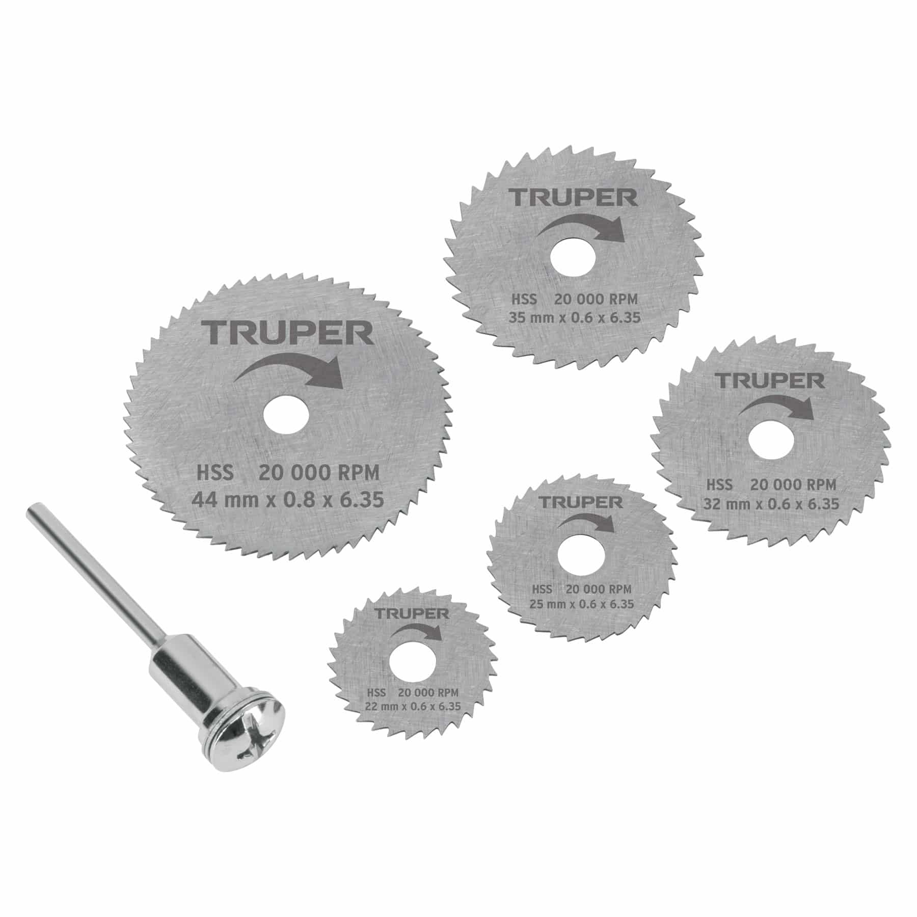 Discos para mototool Truper MOTO-5D: cinco mini sierras HSS de 22 a 44 mm y mandril de 1/8 pulg sobre fondo blanco