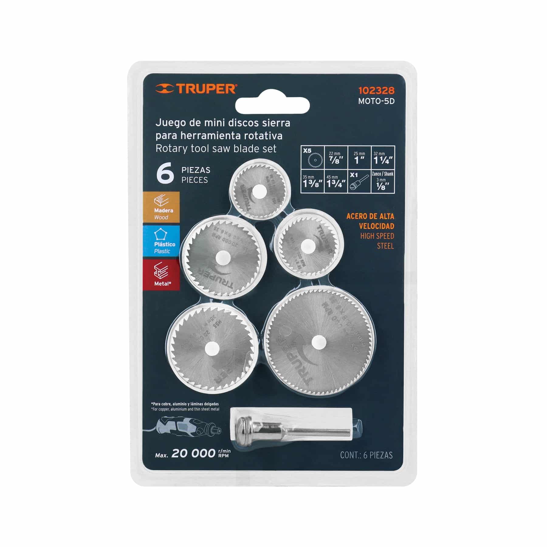 Empaque de discos para mototool Truper MOTO-5D 102328 con 6 piezas para madera, plástico y metal, máx. 20 000 RPM