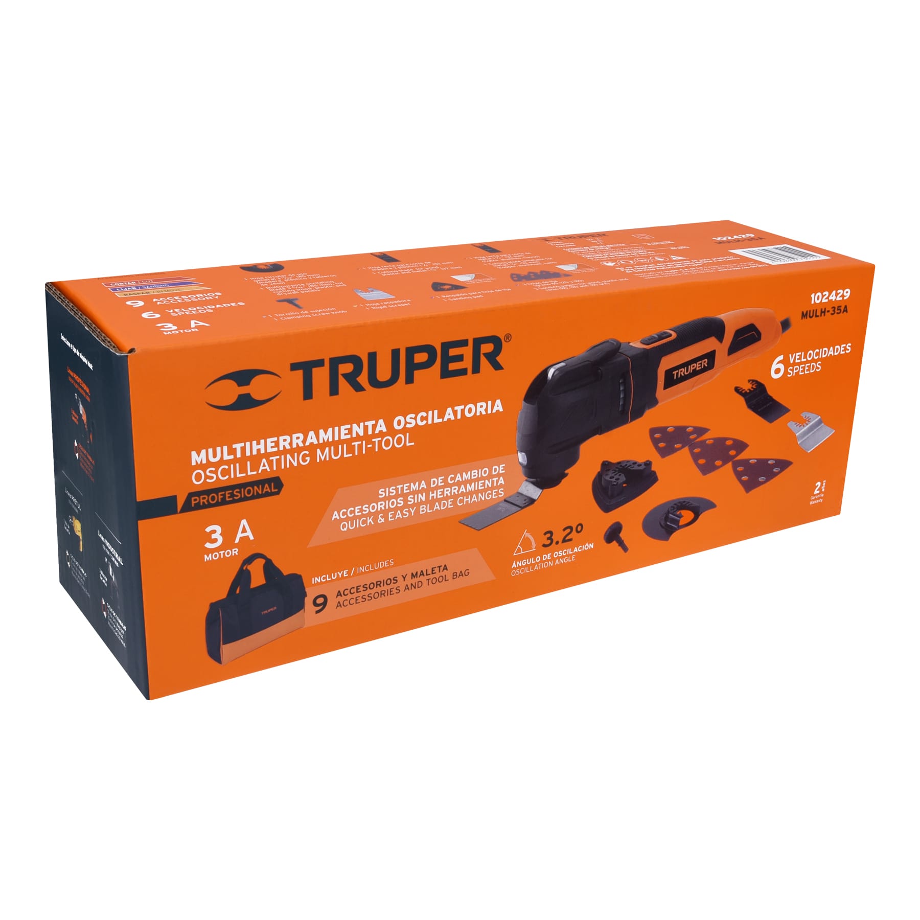 Caja de la multiherramienta oscilante Truper MULH-35A profesional con 6 velocidades y ángulo de oscilación de 3.2°