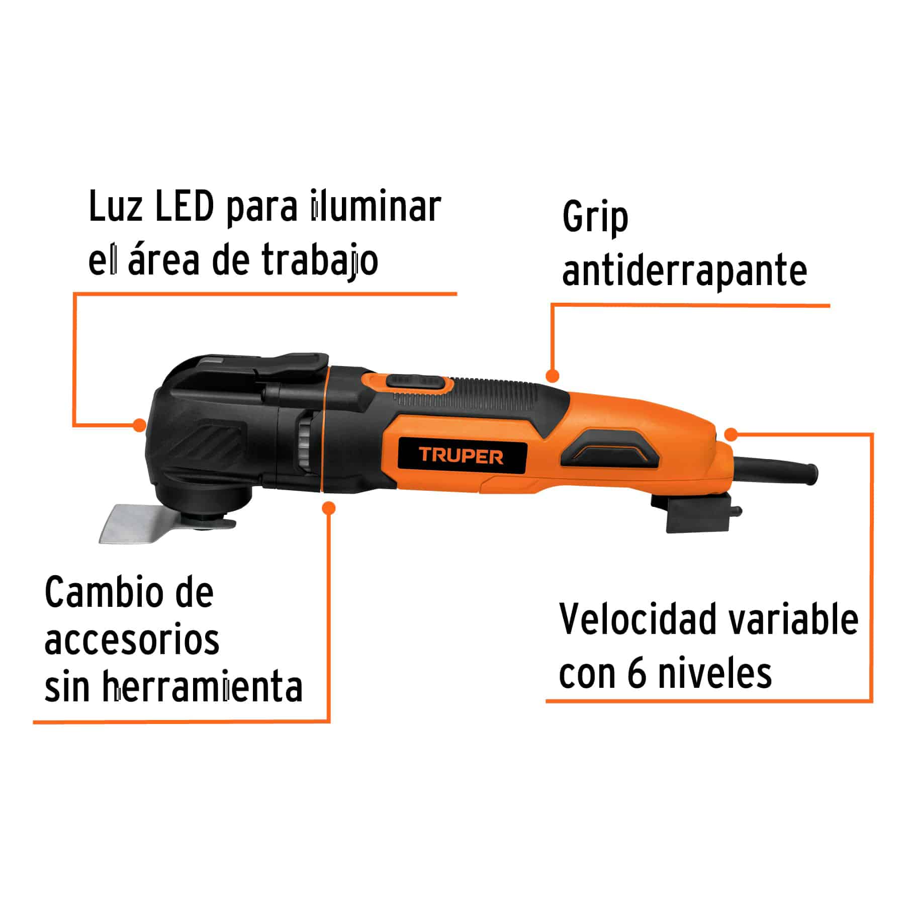 Multiherramienta oscilante Truper con luz LED, grip antiderrapante y velocidad variable con 6 niveles