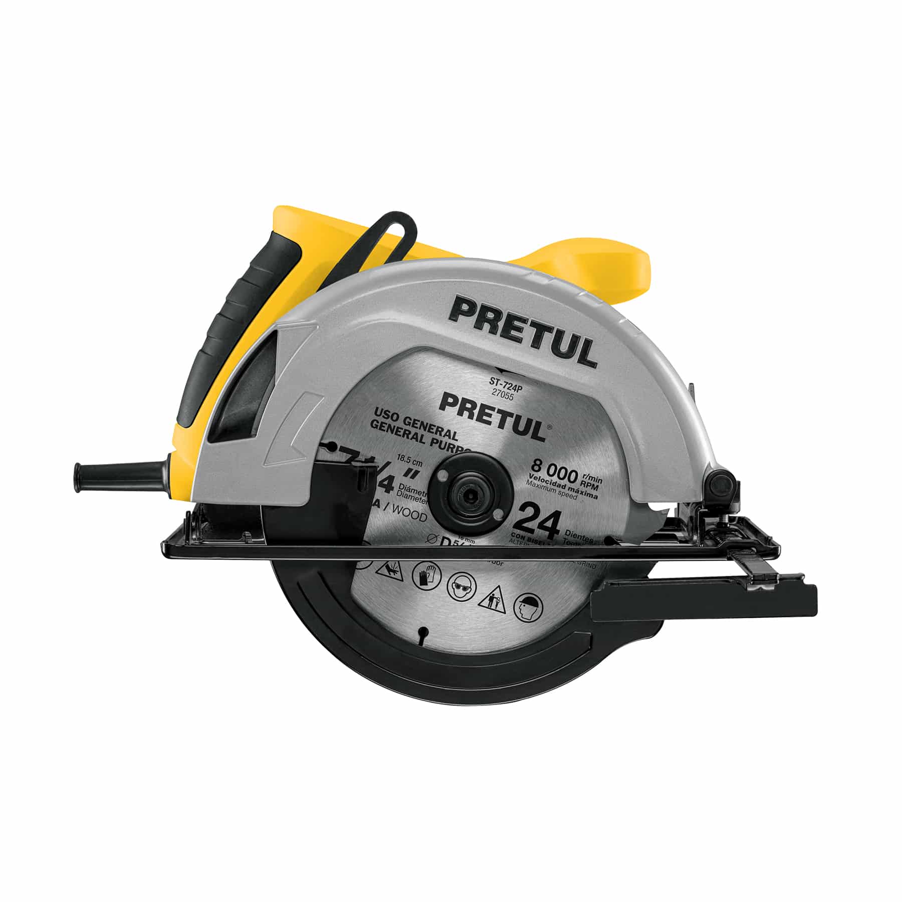 Sierra circular Pretul SICI-7-1/4P de 7-1/4 pulg vista lateral con disco de 24 dientes para madera y guarda gris