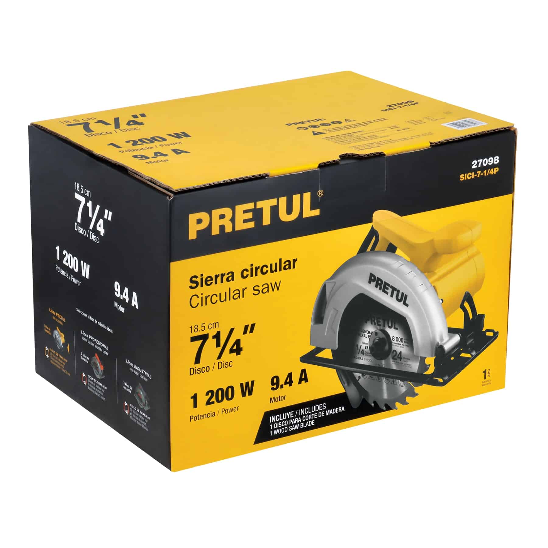 Caja de la sierra circular Pretul 27098 con motor de 1200 W, 9.4 A, disco de 7-1/4 pulg y disco para madera incluido