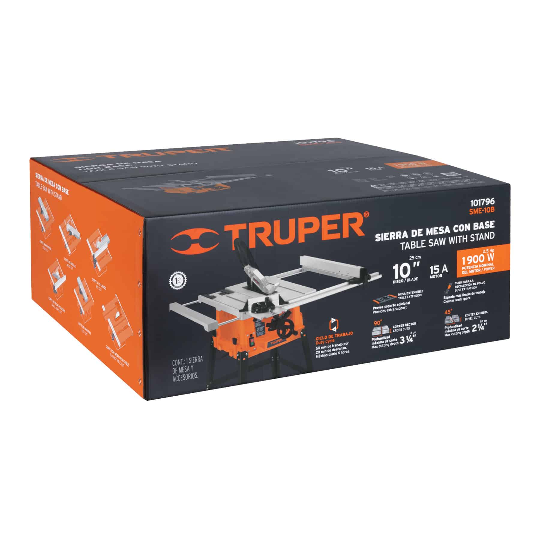 Caja de la sierra de mesa Truper SME-10B código 101796 con datos de disco de 10 pulgadas, motor de 15 A y 1900 W