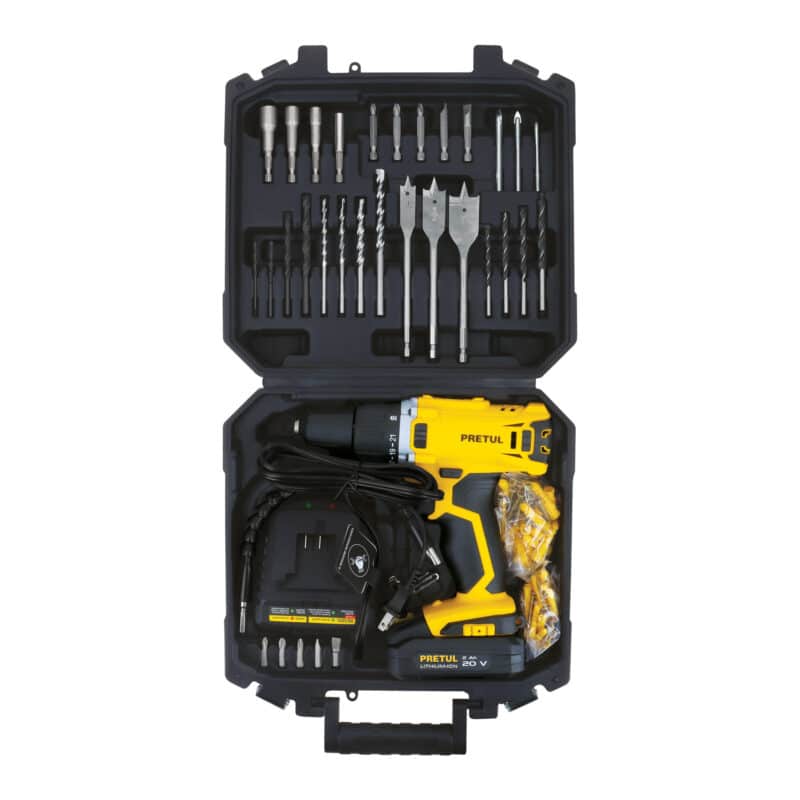 Kit Taladro Inalámbrico Pretul TALI-20P2K 1/2" 20 V: 1 Batería Ion Litio + 32 Accesorios – El Kit Más Completo y Potente para Construcción, Taller y Hogar